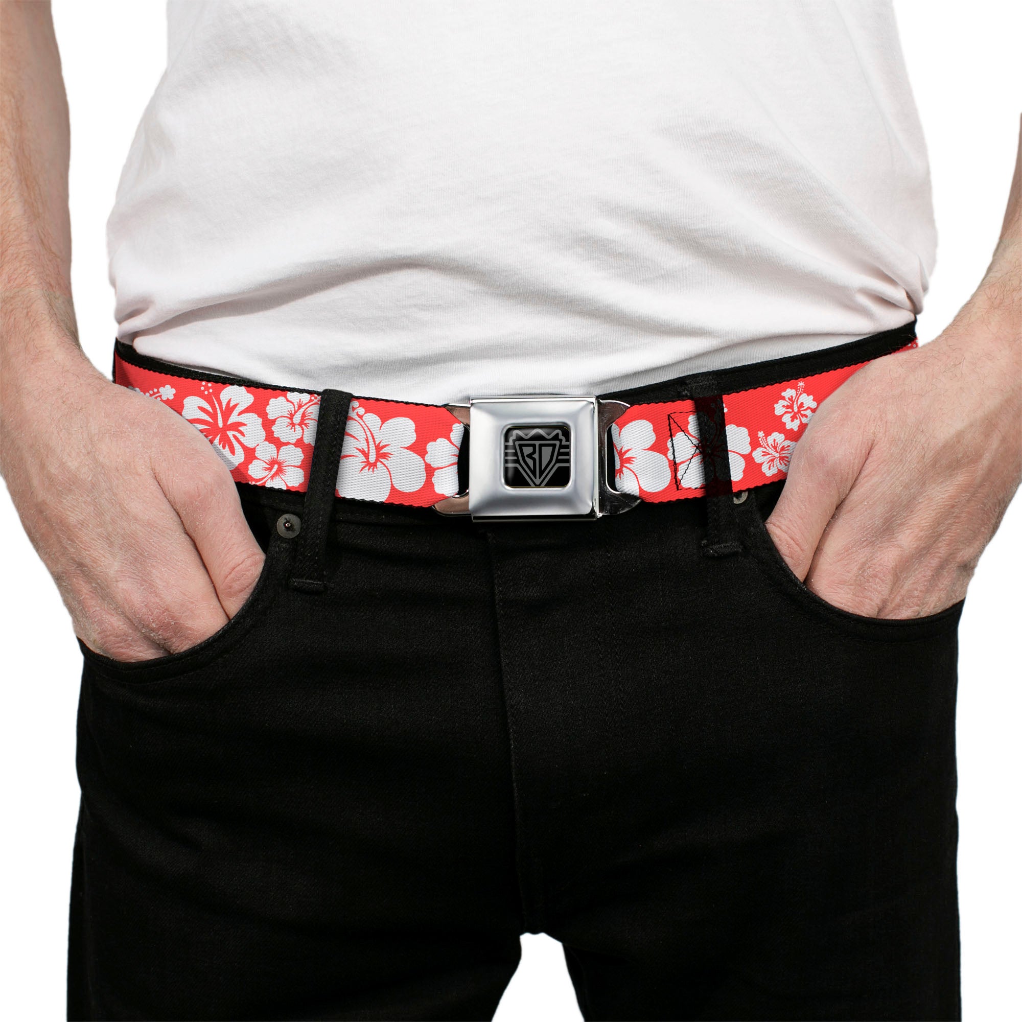 BD Wings Logo CLOSE-UP Full Color Black Silver Seatbelt Belt - Hibiscus Light Red/White Webbing Seatbelt Belts Buckle-Down