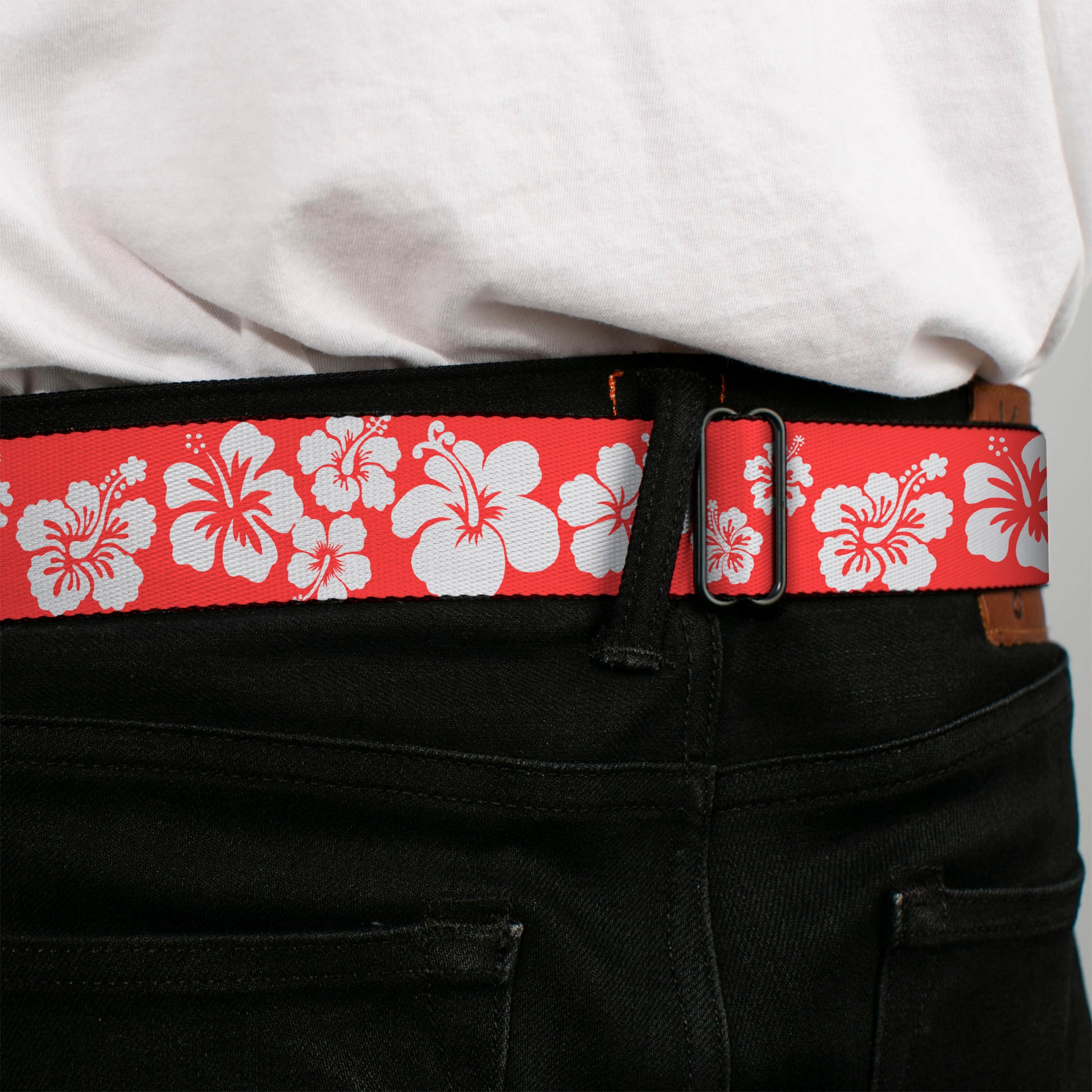 BD Wings Logo CLOSE-UP Full Color Black Silver Seatbelt Belt - Hibiscus Light Red/White Webbing Seatbelt Belts Buckle-Down