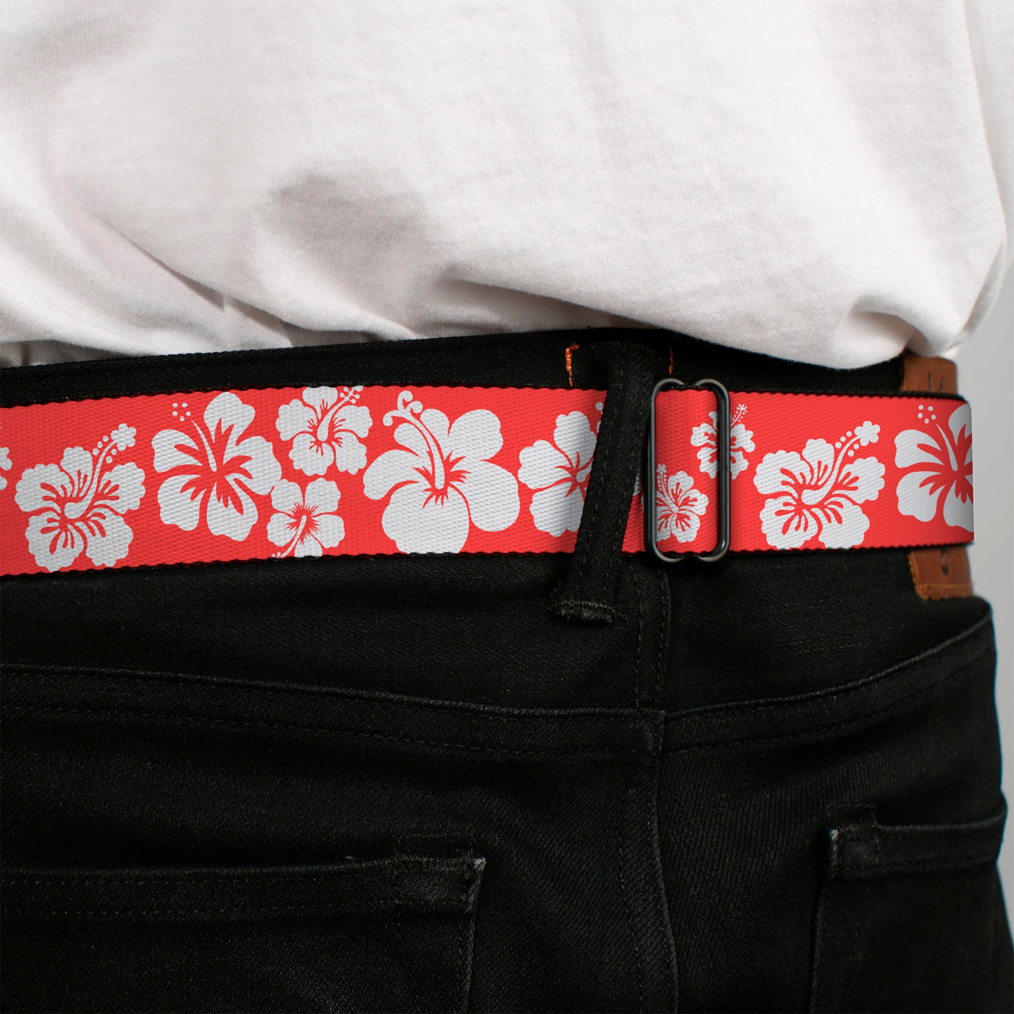 BD Wings Logo CLOSE-UP Full Color Black Silver Seatbelt Belt - Hibiscus Light Red/White Webbing Seatbelt Belts Buckle-Down