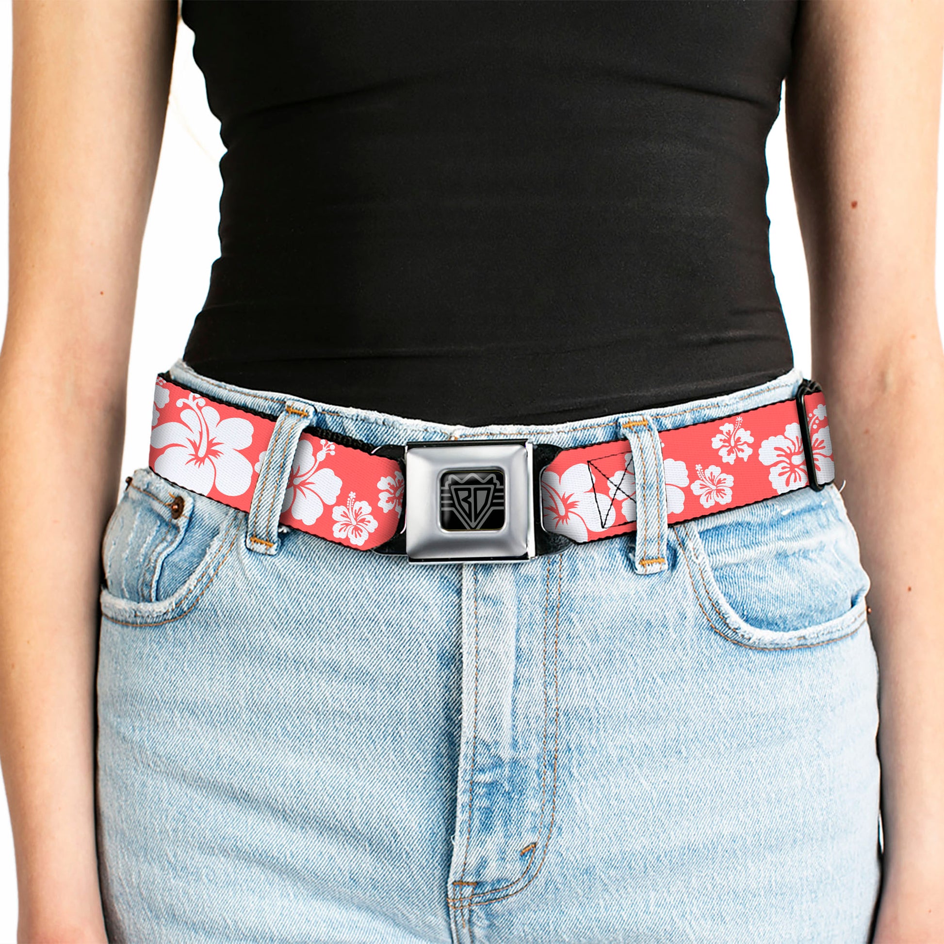 BD Wings Logo CLOSE-UP Full Color Black Silver Seatbelt Belt - Hibiscus Light Red/White Webbing Seatbelt Belts Buckle-Down