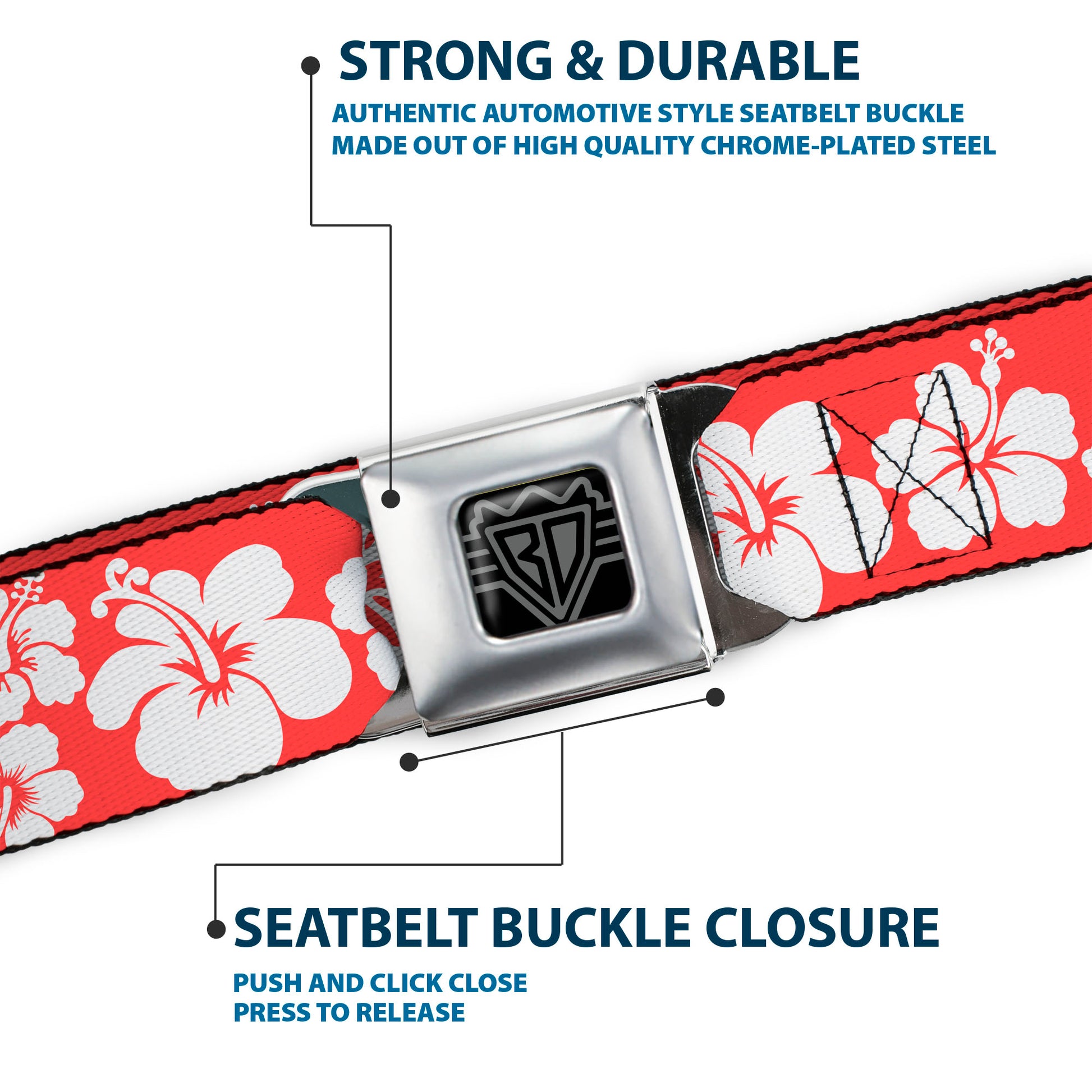 BD Wings Logo CLOSE-UP Full Color Black Silver Seatbelt Belt - Hibiscus Light Red/White Webbing Seatbelt Belts Buckle-Down