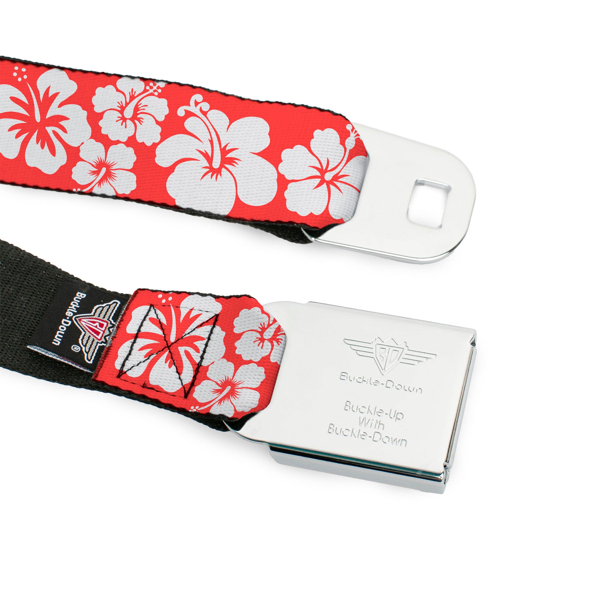 BD Wings Logo CLOSE-UP Full Color Black Silver Seatbelt Belt - Hibiscus Light Red/White Webbing Seatbelt Belts Buckle-Down