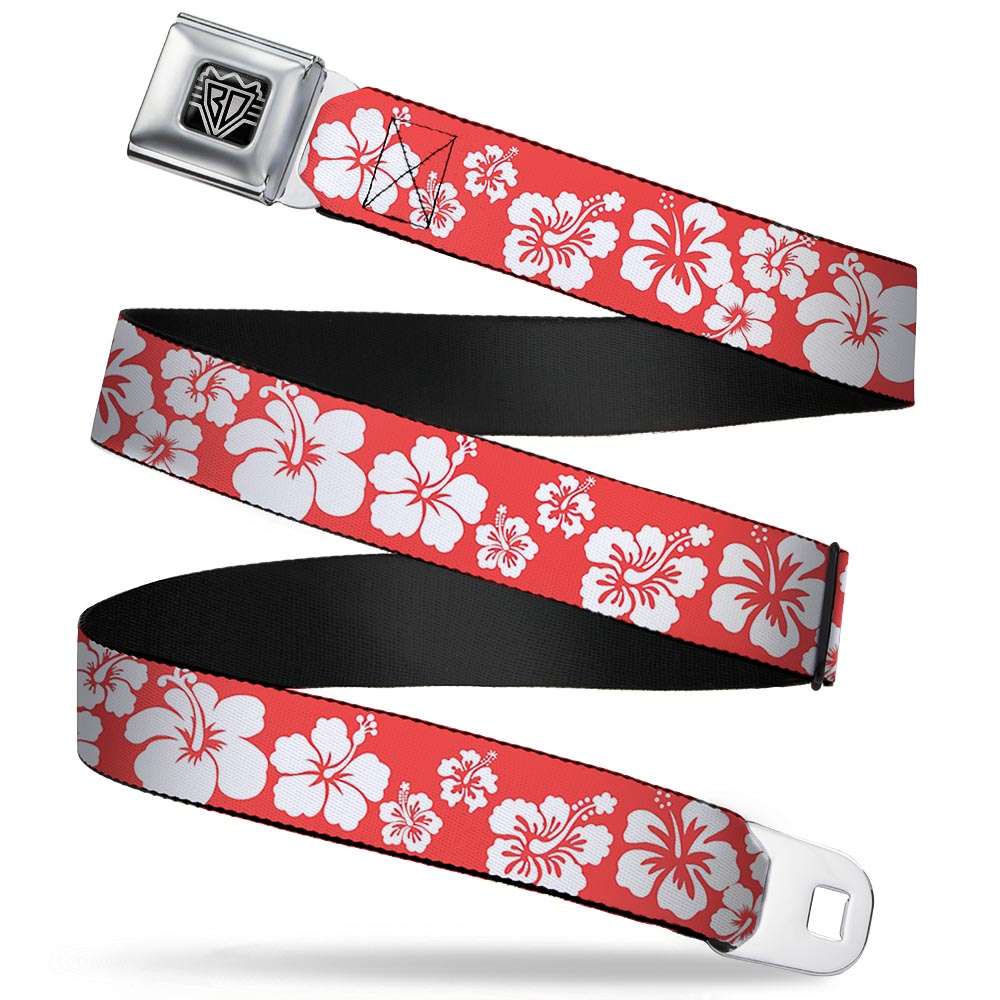 BD Wings Logo CLOSE-UP Full Color Black Silver Seatbelt Belt - Hibiscus Light Red/White Webbing Seatbelt Belts Buckle-Down
