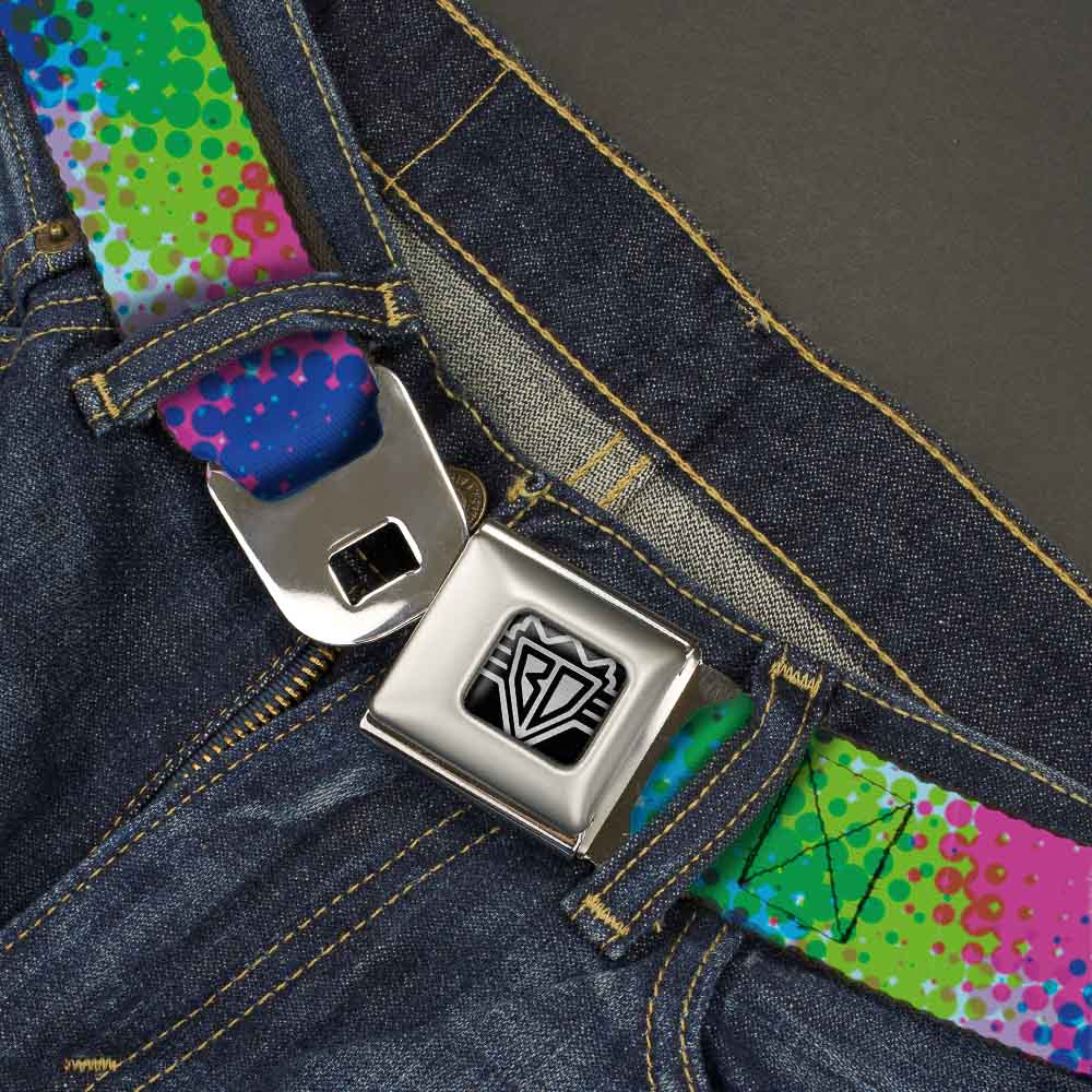 BD Wings Logo CLOSE-UP Full Color Black Silver Seatbelt Belt - Halftone Dots Light Blue/Blues/Greens/Pinks Webbing Seatbelt Belts Buckle-Down