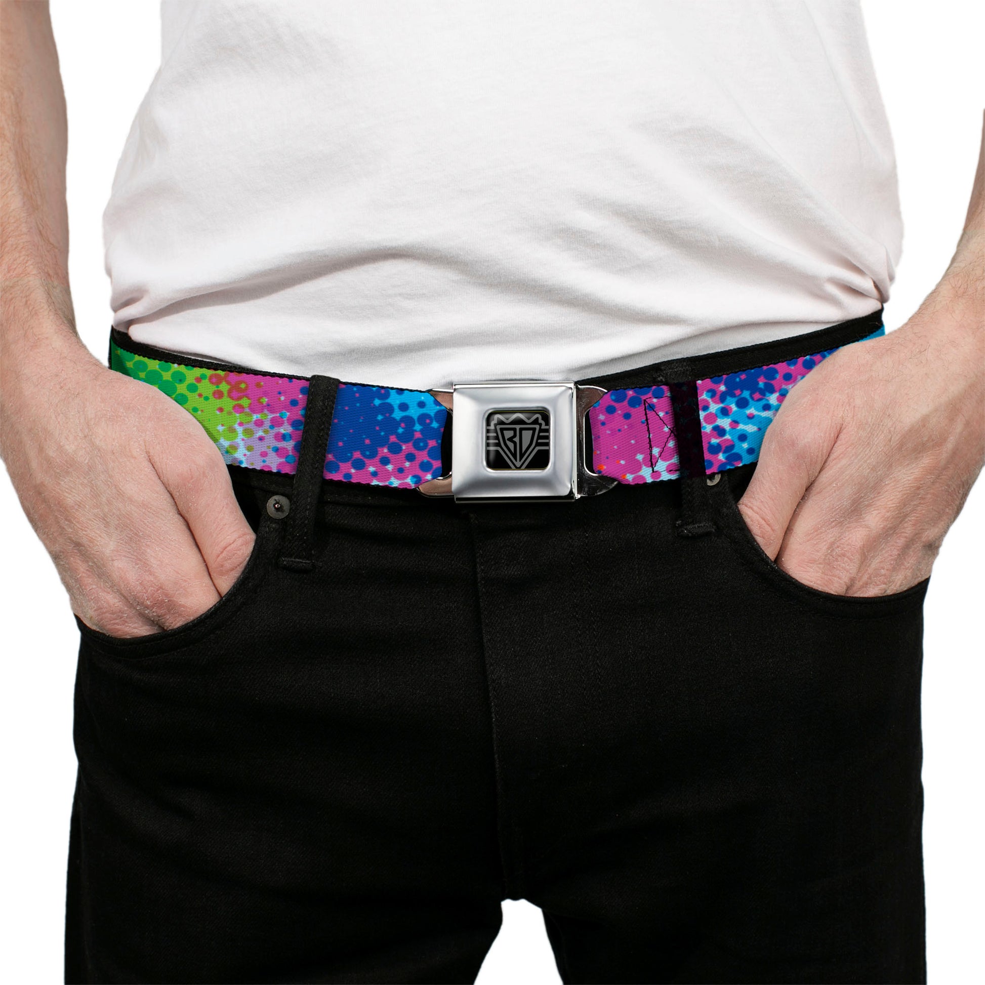 BD Wings Logo CLOSE-UP Full Color Black Silver Seatbelt Belt - Halftone Dots Light Blue/Blues/Greens/Pinks Webbing Seatbelt Belts Buckle-Down