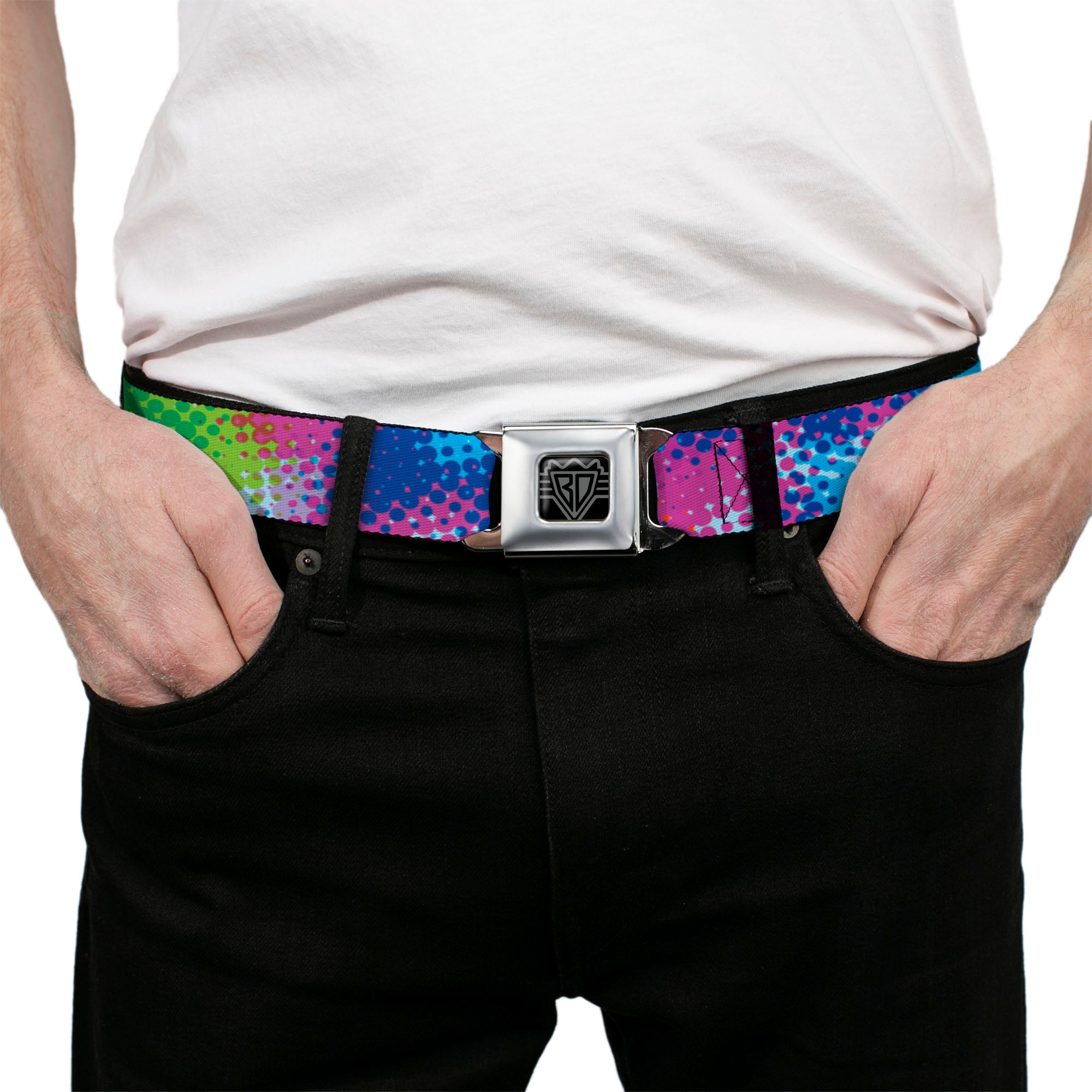 BD Wings Logo CLOSE-UP Full Color Black Silver Seatbelt Belt - Halftone Dots Light Blue/Blues/Greens/Pinks Webbing Seatbelt Belts Buckle-Down