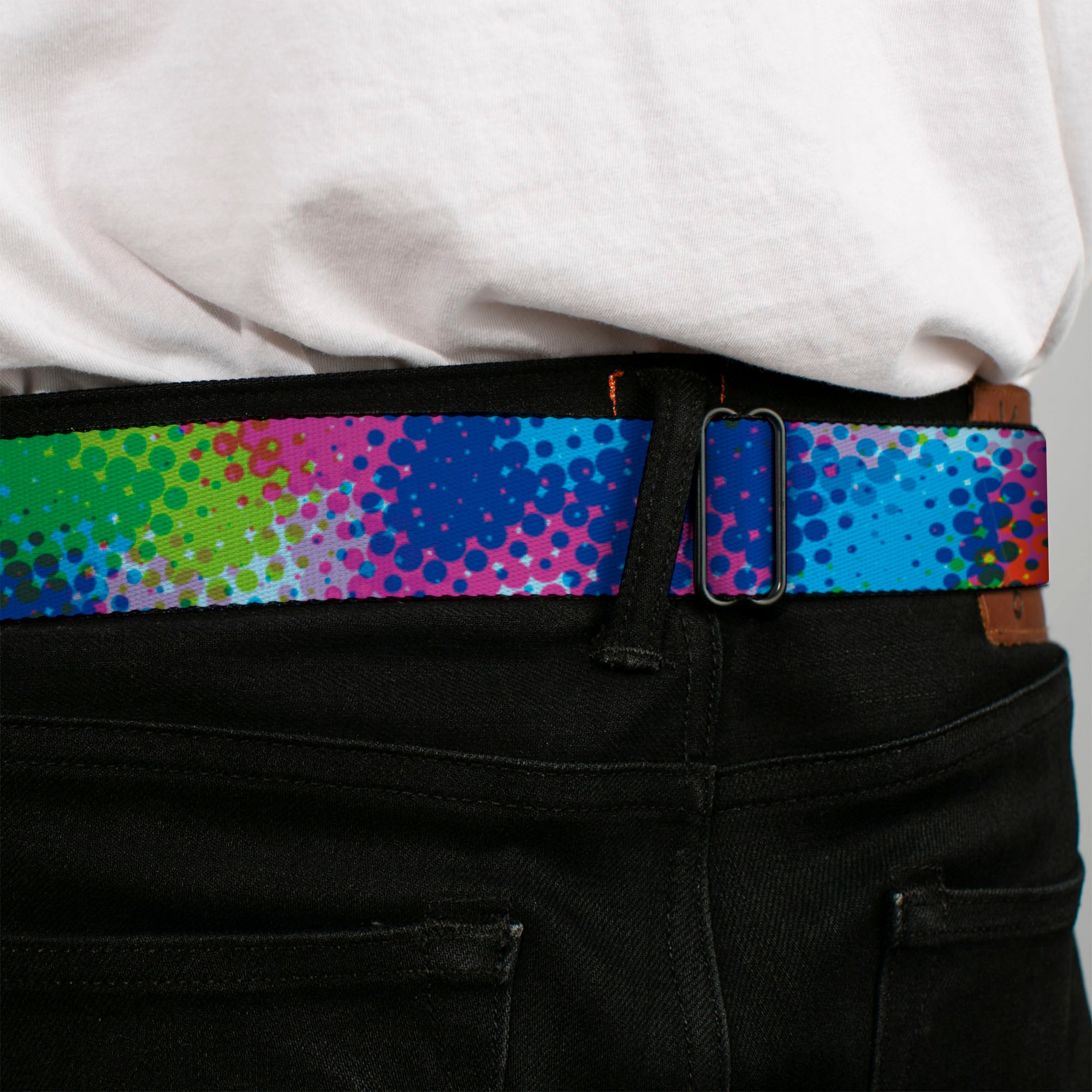 BD Wings Logo CLOSE-UP Full Color Black Silver Seatbelt Belt - Halftone Dots Light Blue/Blues/Greens/Pinks Webbing Seatbelt Belts Buckle-Down