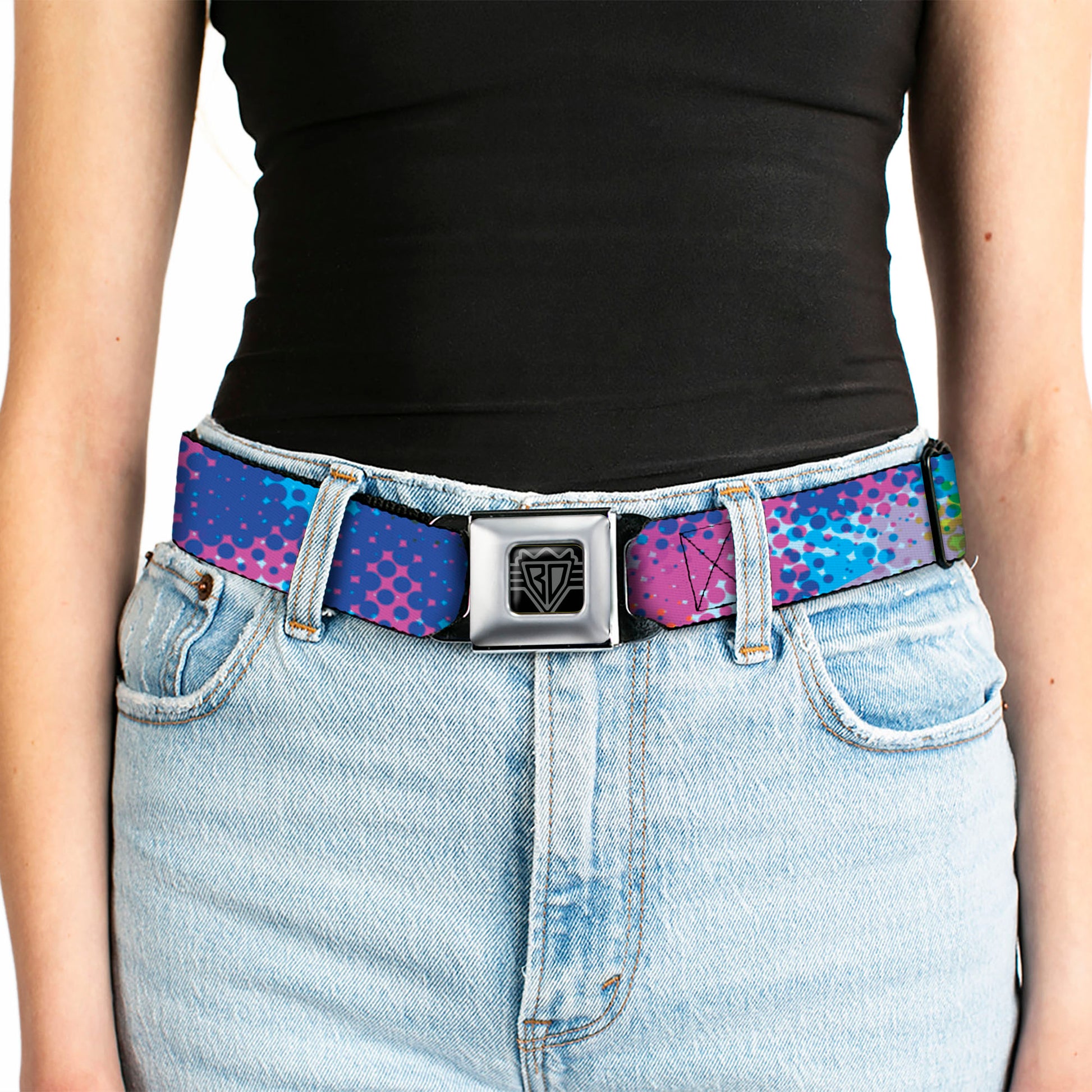 BD Wings Logo CLOSE-UP Full Color Black Silver Seatbelt Belt - Halftone Dots Light Blue/Blues/Greens/Pinks Webbing Seatbelt Belts Buckle-Down