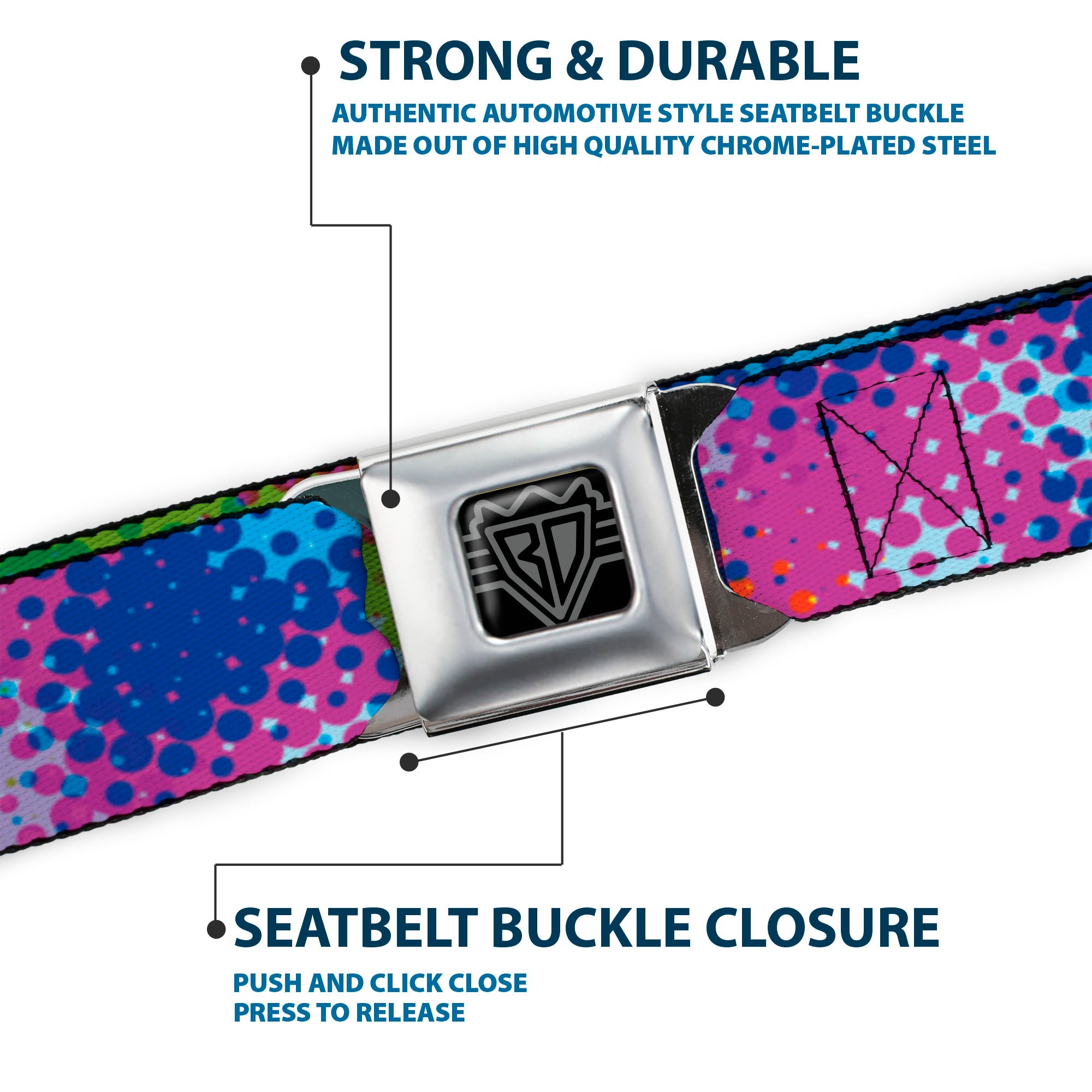 BD Wings Logo CLOSE-UP Full Color Black Silver Seatbelt Belt - Halftone Dots Light Blue/Blues/Greens/Pinks Webbing Seatbelt Belts Buckle-Down