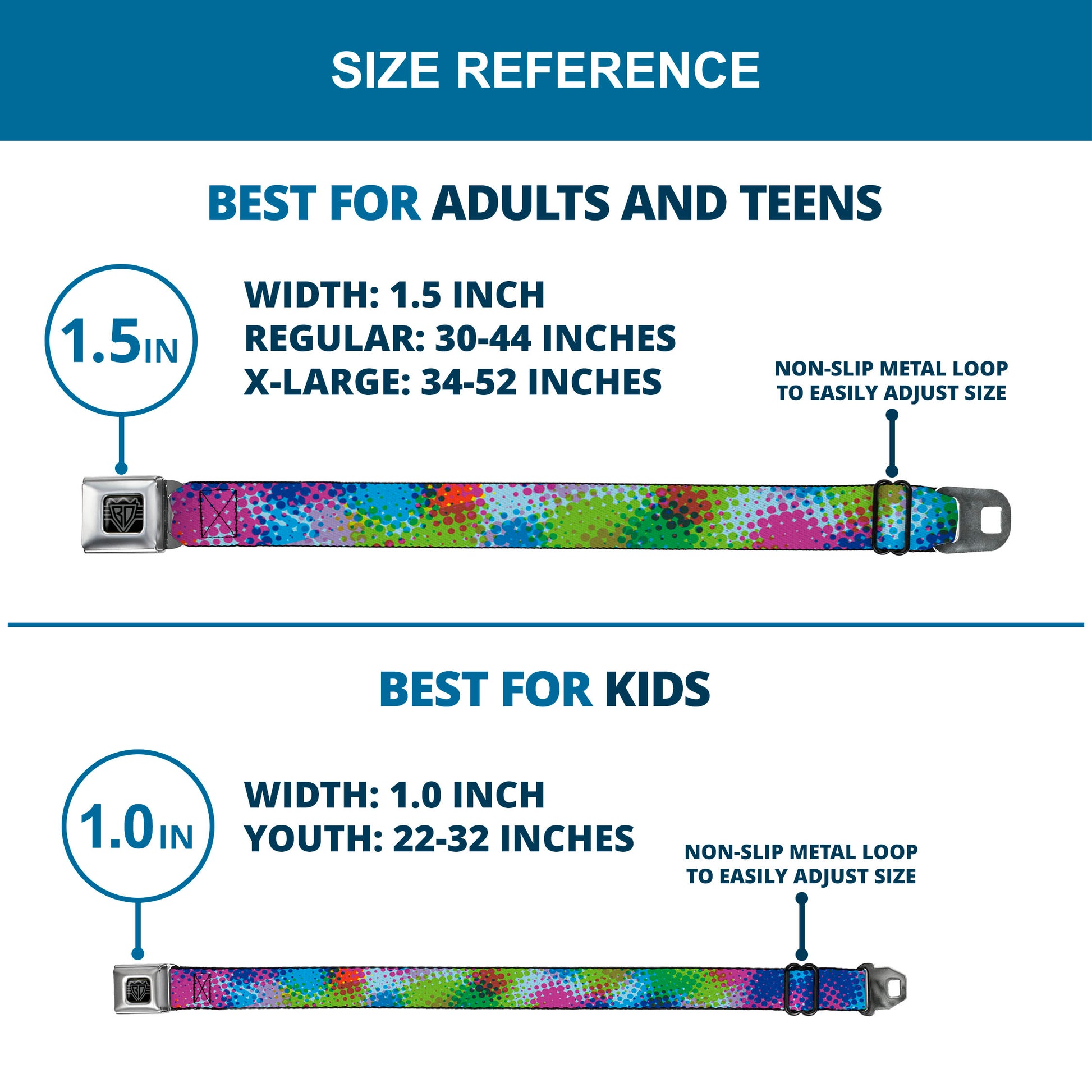 BD Wings Logo CLOSE-UP Full Color Black Silver Seatbelt Belt - Halftone Dots Light Blue/Blues/Greens/Pinks Webbing Seatbelt Belts Buckle-Down