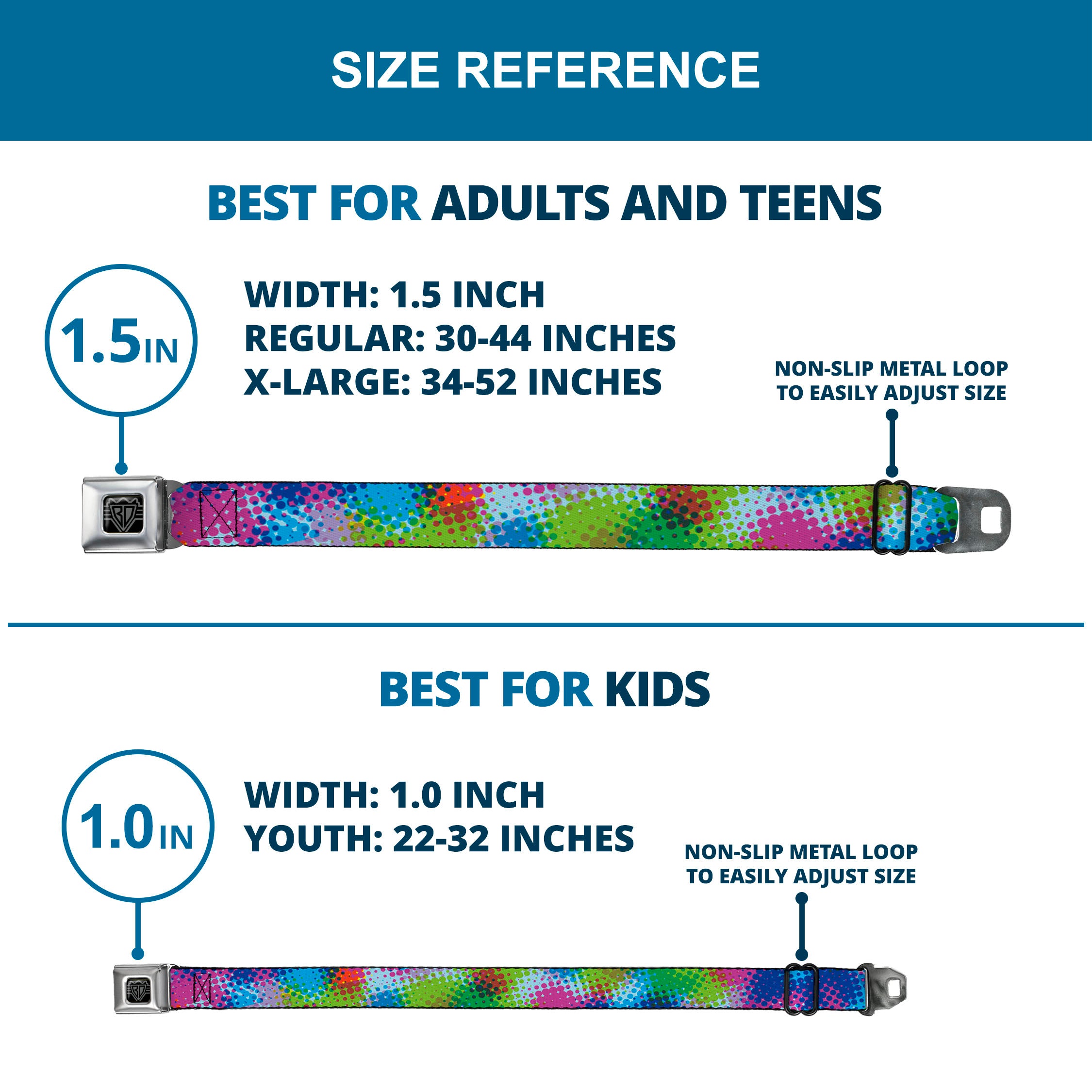 BD Wings Logo CLOSE-UP Full Color Black Silver Seatbelt Belt - Halftone Dots Light Blue/Blues/Greens/Pinks Webbing Seatbelt Belts Buckle-Down