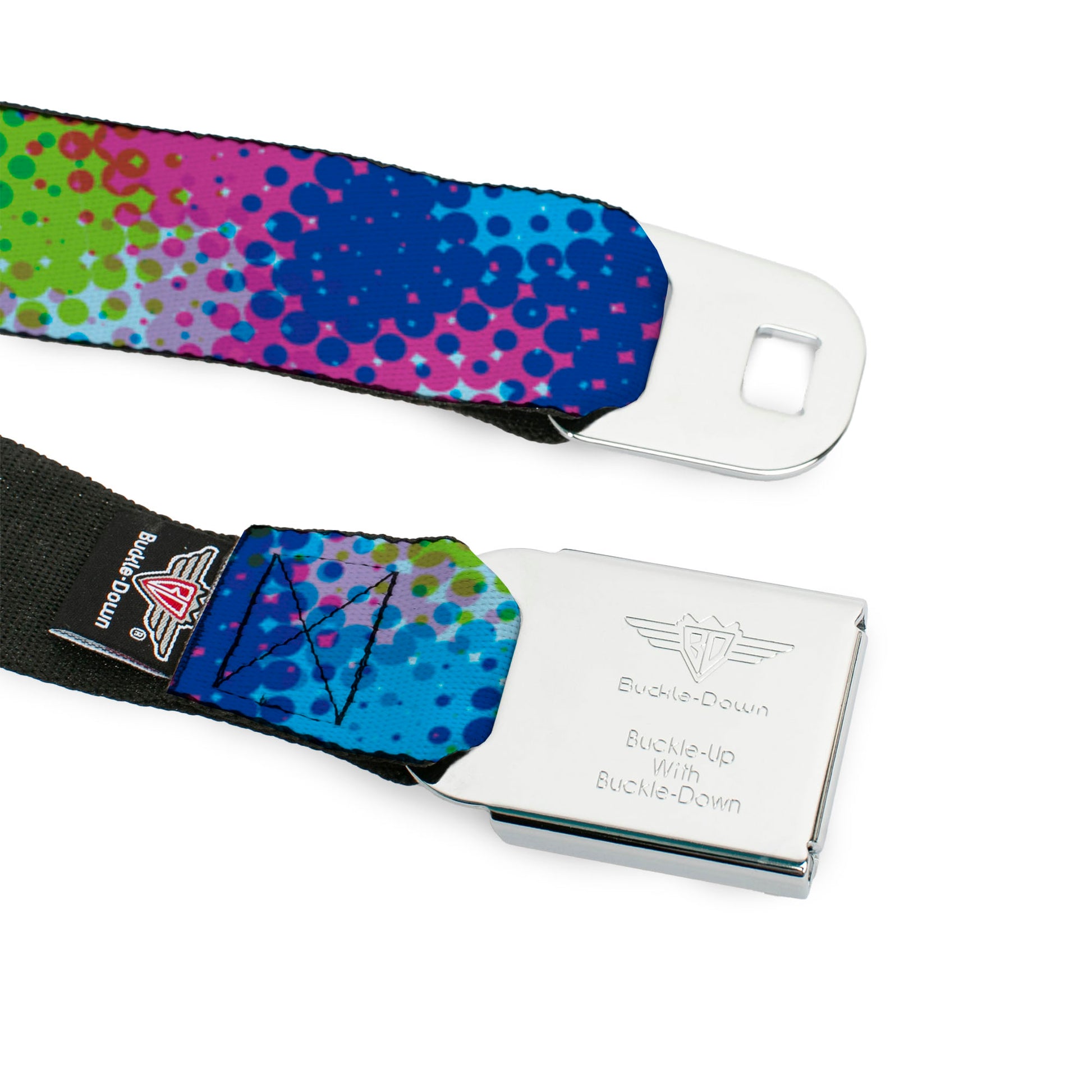 BD Wings Logo CLOSE-UP Full Color Black Silver Seatbelt Belt - Halftone Dots Light Blue/Blues/Greens/Pinks Webbing Seatbelt Belts Buckle-Down
