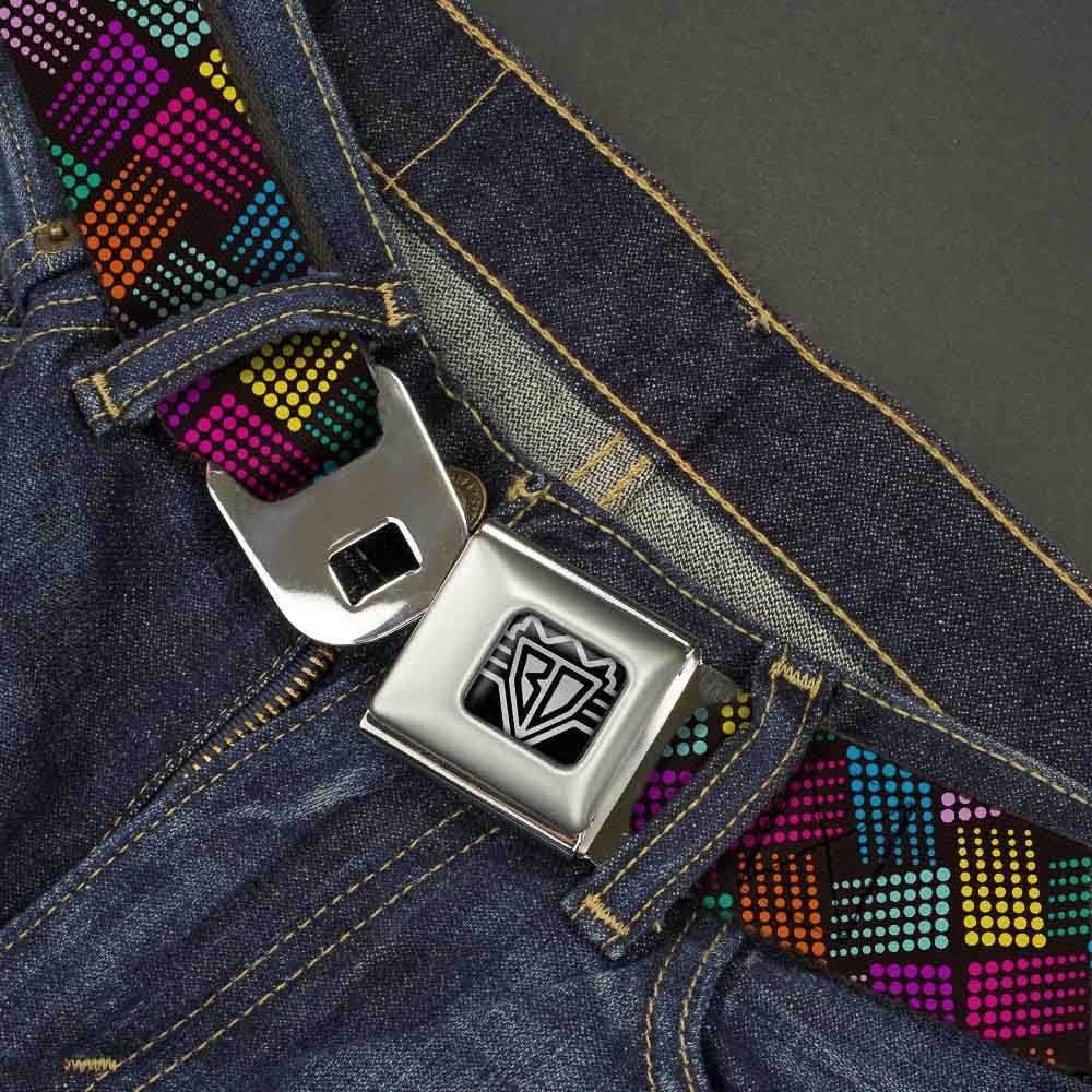 BD Wings Logo CLOSE-UP Full Color Black Silver Seatbelt Belt - Halftone Blocks Charcoal/Pinks/Greens/Orange/Yellow Webbing Seatbelt Belts Buckle-Down