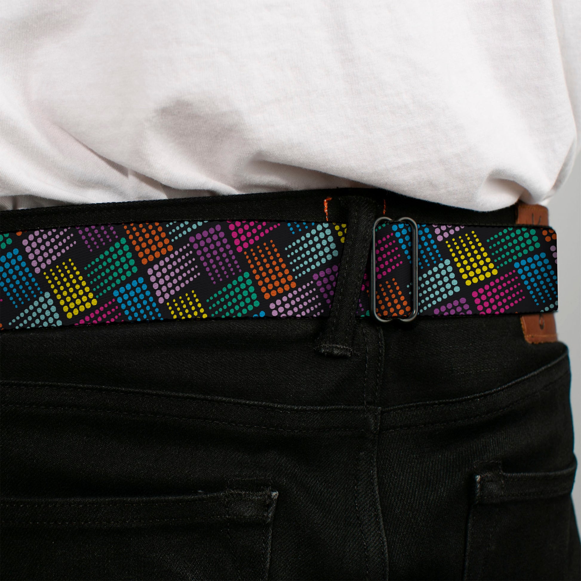 BD Wings Logo CLOSE-UP Full Color Black Silver Seatbelt Belt - Halftone Blocks Charcoal/Pinks/Greens/Orange/Yellow Webbing Seatbelt Belts Buckle-Down