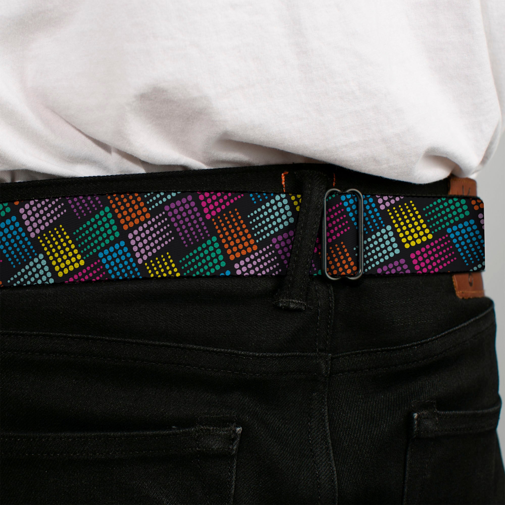 BD Wings Logo CLOSE-UP Full Color Black Silver Seatbelt Belt - Halftone Blocks Charcoal/Pinks/Greens/Orange/Yellow Webbing Seatbelt Belts Buckle-Down