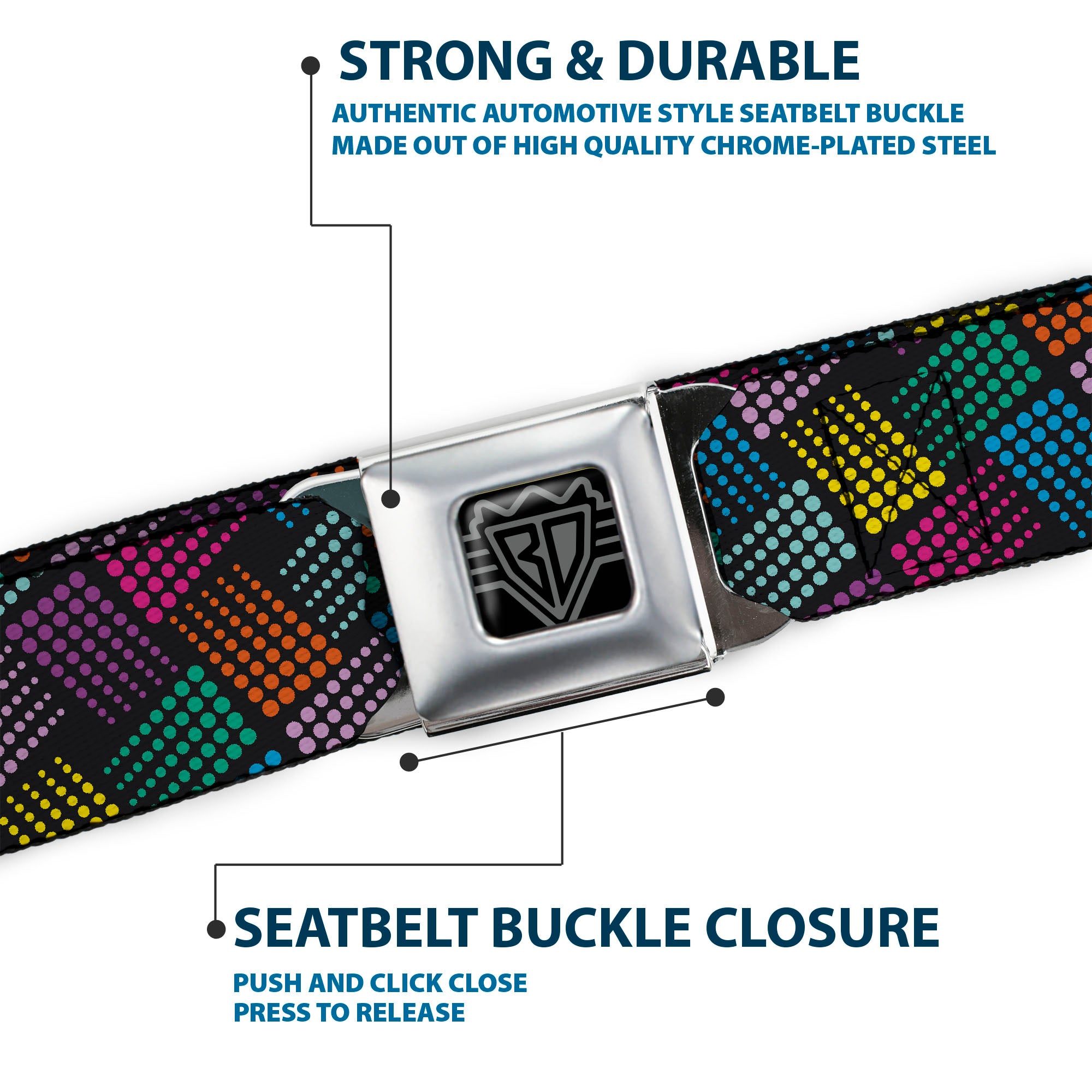 BD Wings Logo CLOSE-UP Full Color Black Silver Seatbelt Belt - Halftone Blocks Charcoal/Pinks/Greens/Orange/Yellow Webbing Seatbelt Belts Buckle-Down