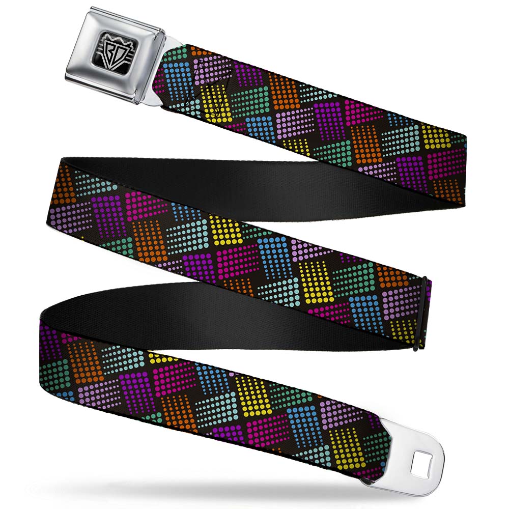 BD Wings Logo CLOSE-UP Full Color Black Silver Seatbelt Belt - Halftone Blocks Charcoal/Pinks/Greens/Orange/Yellow Webbing Seatbelt Belts Buckle-Down
