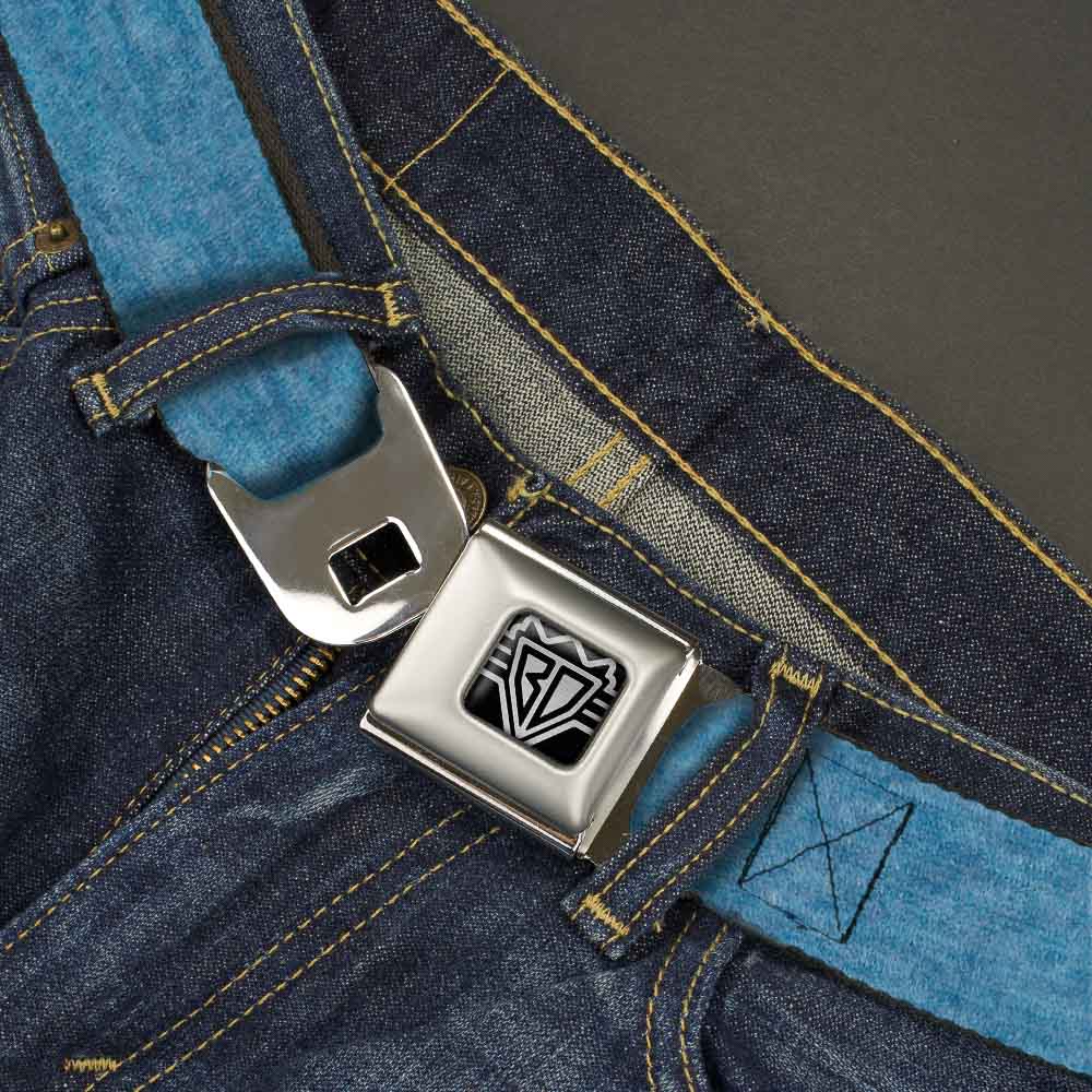 BD Wings Logo CLOSE-UP Full Color Black Silver Seatbelt Belt - Heather Blue Webbing Seatbelt Belts Buckle-Down
