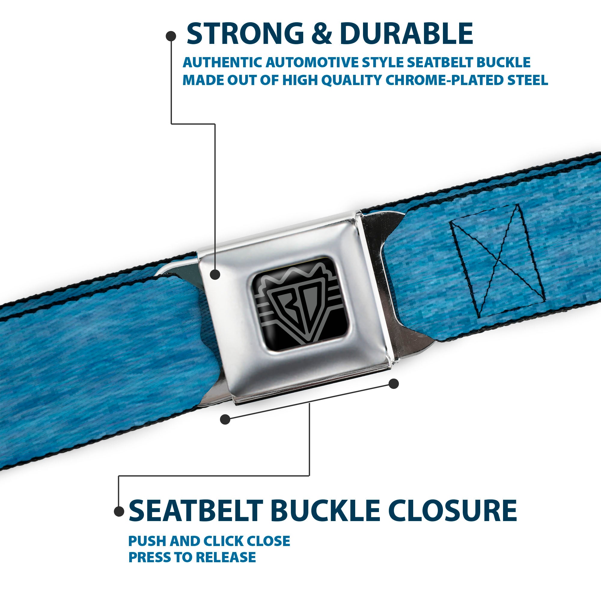 BD Wings Logo CLOSE-UP Full Color Black Silver Seatbelt Belt - Heather Blue Webbing Seatbelt Belts Buckle-Down