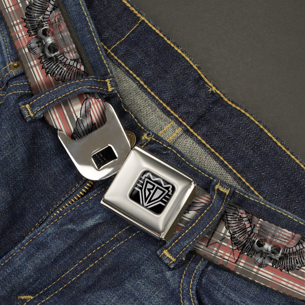 BD Wings Logo CLOSE-UP Full Color Black Silver Seatbelt Belt - Irish Skulls/Plaid Webbing Seatbelt Belts Buckle-Down