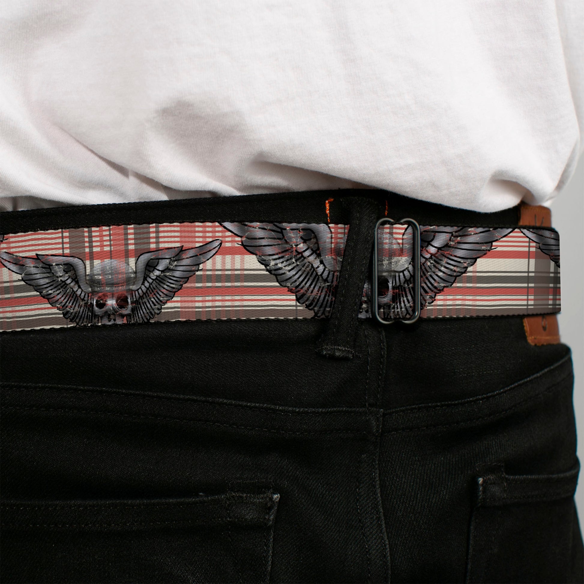 BD Wings Logo CLOSE-UP Full Color Black Silver Seatbelt Belt - Irish Skulls/Plaid Webbing Seatbelt Belts Buckle-Down