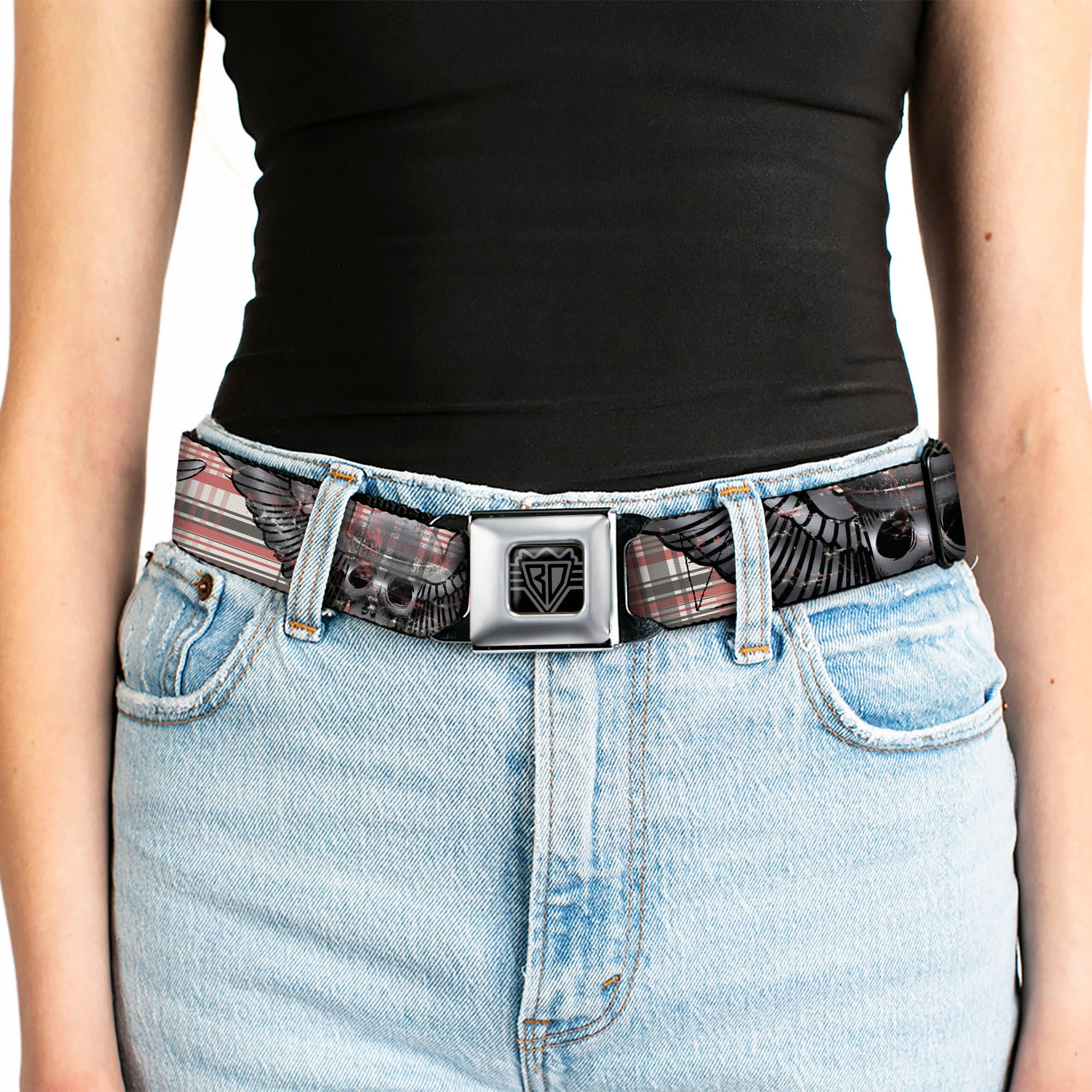 BD Wings Logo CLOSE-UP Full Color Black Silver Seatbelt Belt - Irish Skulls/Plaid Webbing Seatbelt Belts Buckle-Down