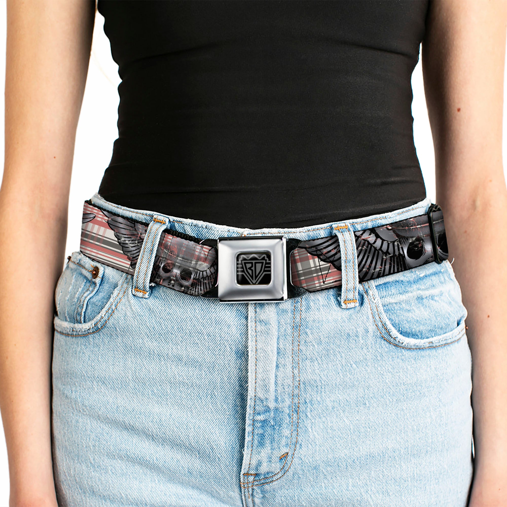 BD Wings Logo CLOSE-UP Full Color Black Silver Seatbelt Belt - Irish Skulls/Plaid Webbing Seatbelt Belts Buckle-Down