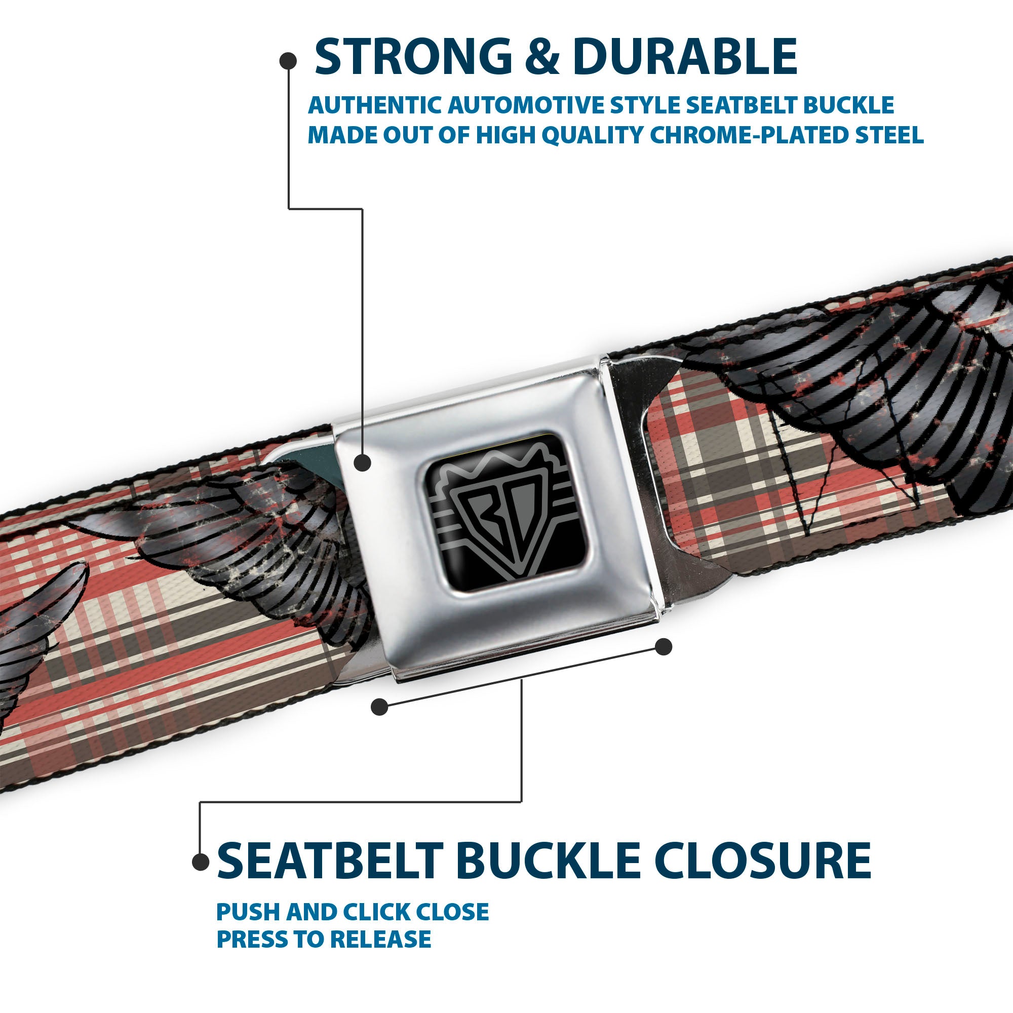 BD Wings Logo CLOSE-UP Full Color Black Silver Seatbelt Belt - Irish Skulls/Plaid Webbing Seatbelt Belts Buckle-Down