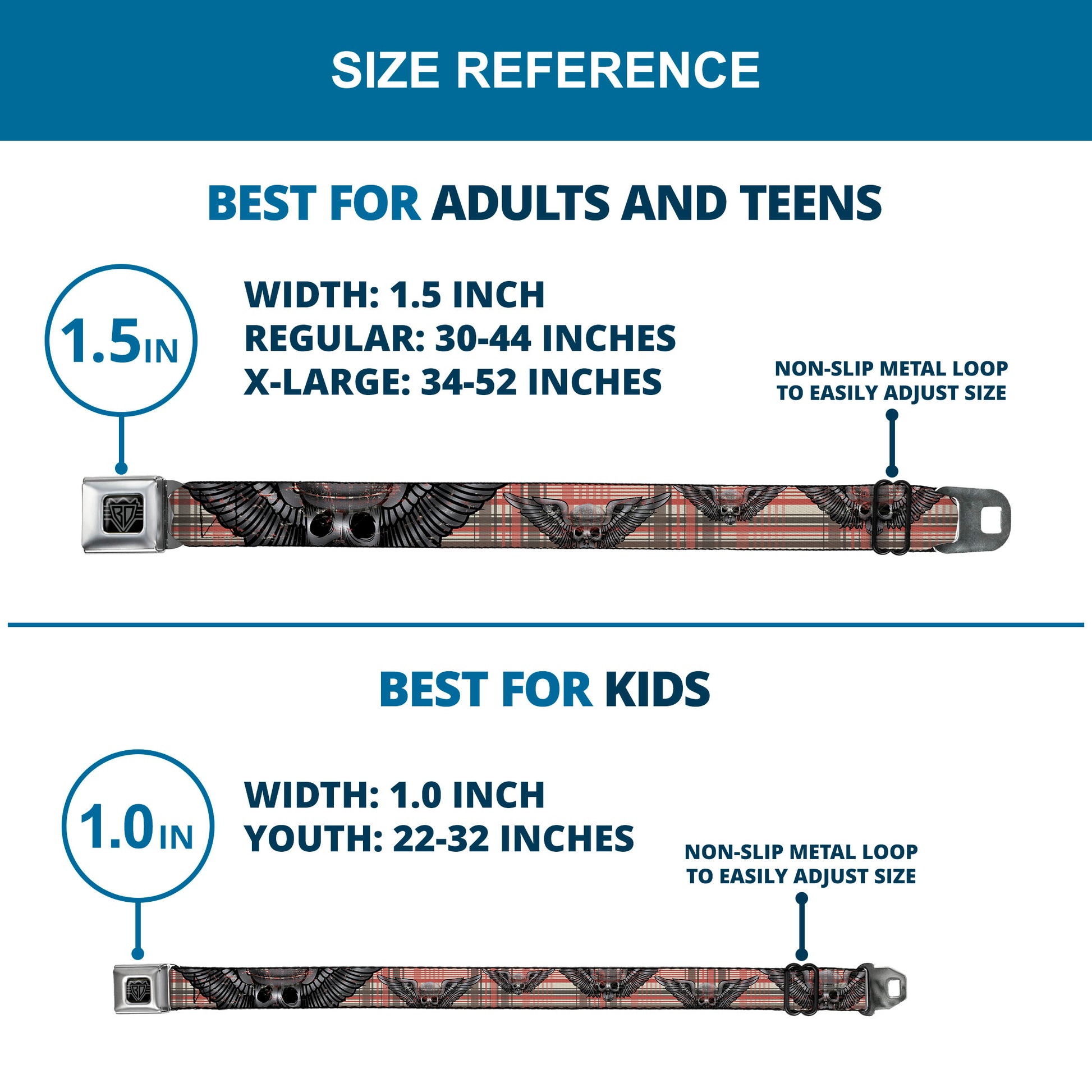 BD Wings Logo CLOSE-UP Full Color Black Silver Seatbelt Belt - Irish Skulls/Plaid Webbing Seatbelt Belts Buckle-Down