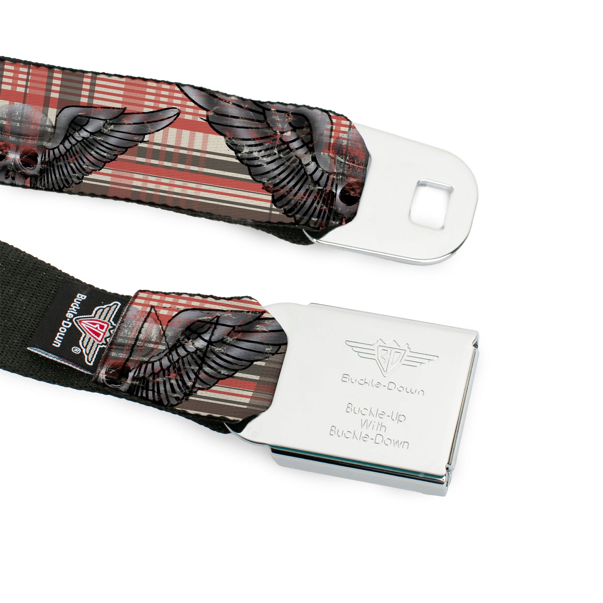 BD Wings Logo CLOSE-UP Full Color Black Silver Seatbelt Belt - Irish Skulls/Plaid Webbing Seatbelt Belts Buckle-Down