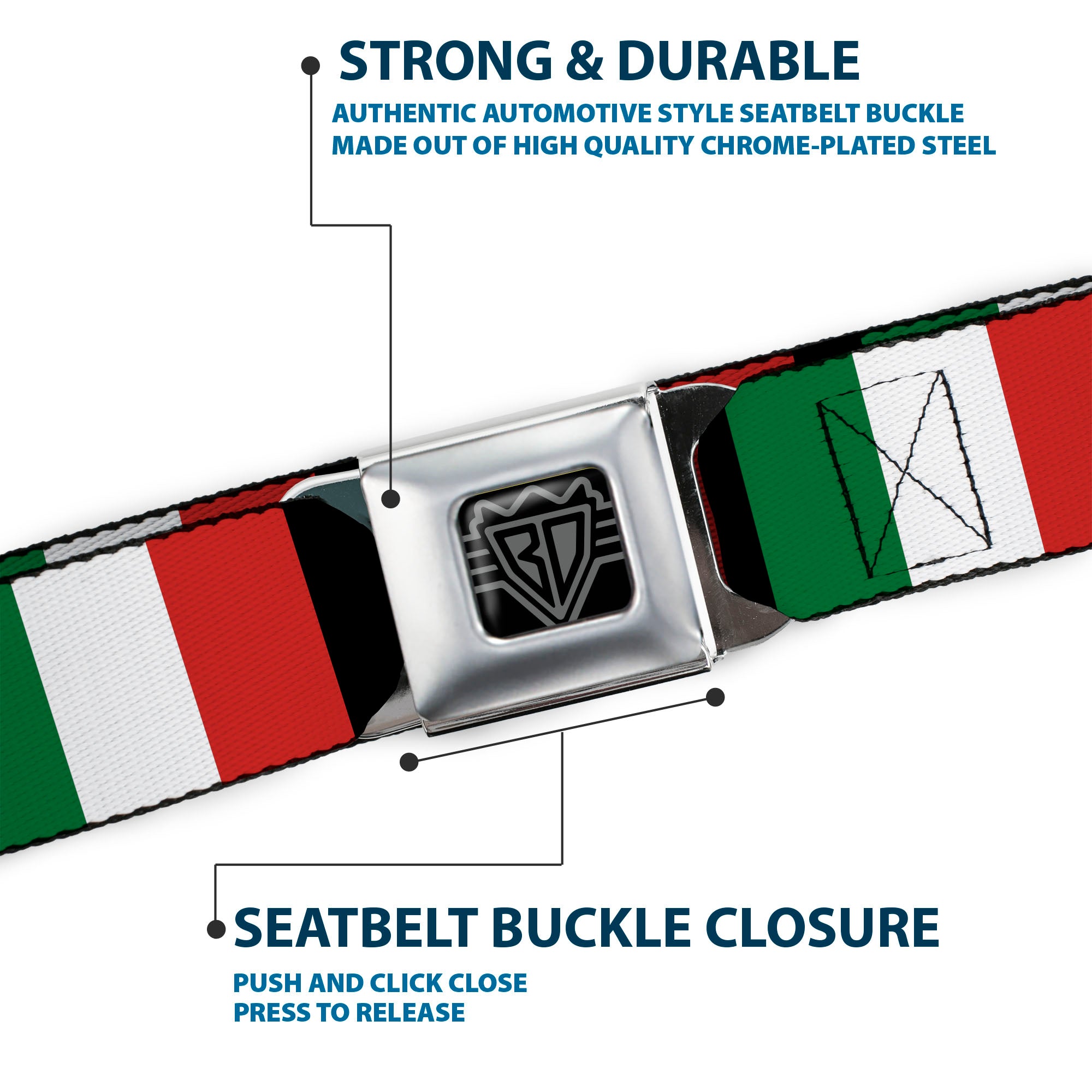 BD Wings Logo CLOSE-UP Full Color Black Silver Seatbelt Belt - Italy Flags Webbing Seatbelt Belts Buckle-Down
