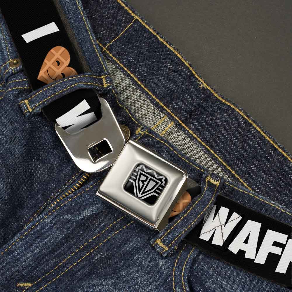 BD Wings Logo CLOSE-UP Full Color Black Silver Seatbelt Belt - I Heart Waffles Text Webbing Seatbelt Belts Buckle-Down