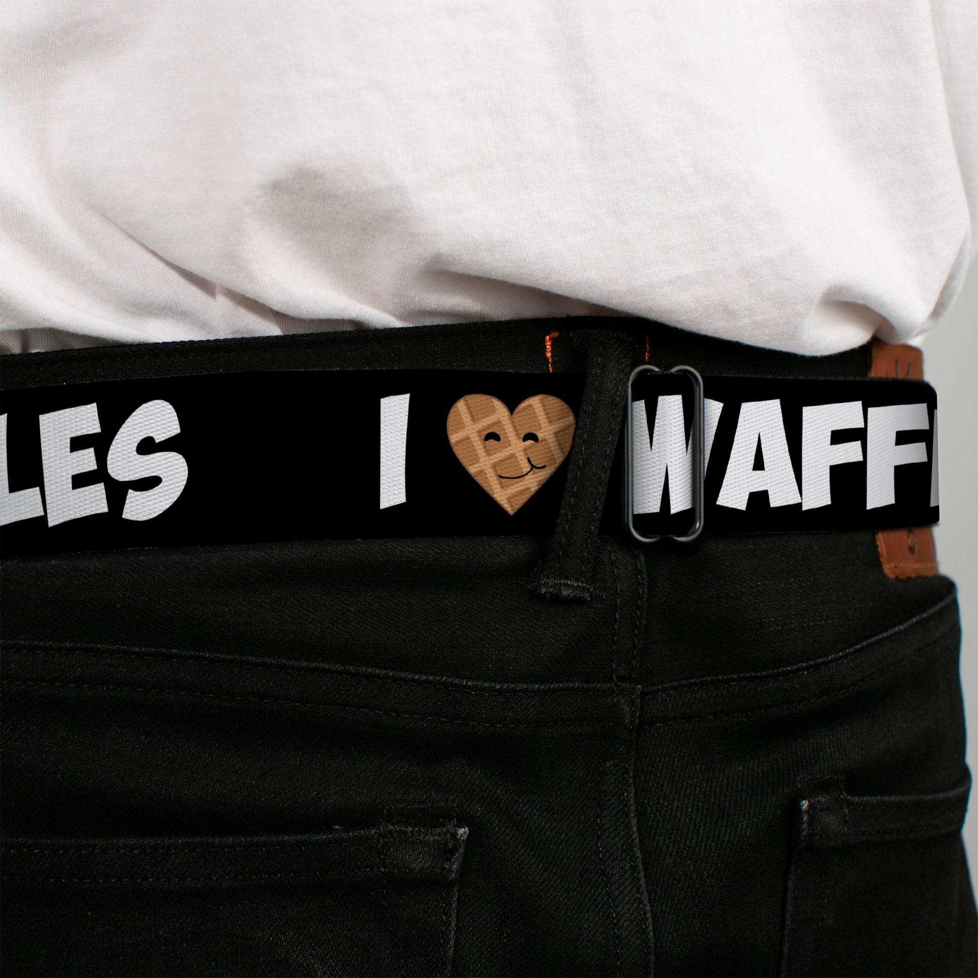 BD Wings Logo CLOSE-UP Full Color Black Silver Seatbelt Belt - I Heart Waffles Text Webbing Seatbelt Belts Buckle-Down
