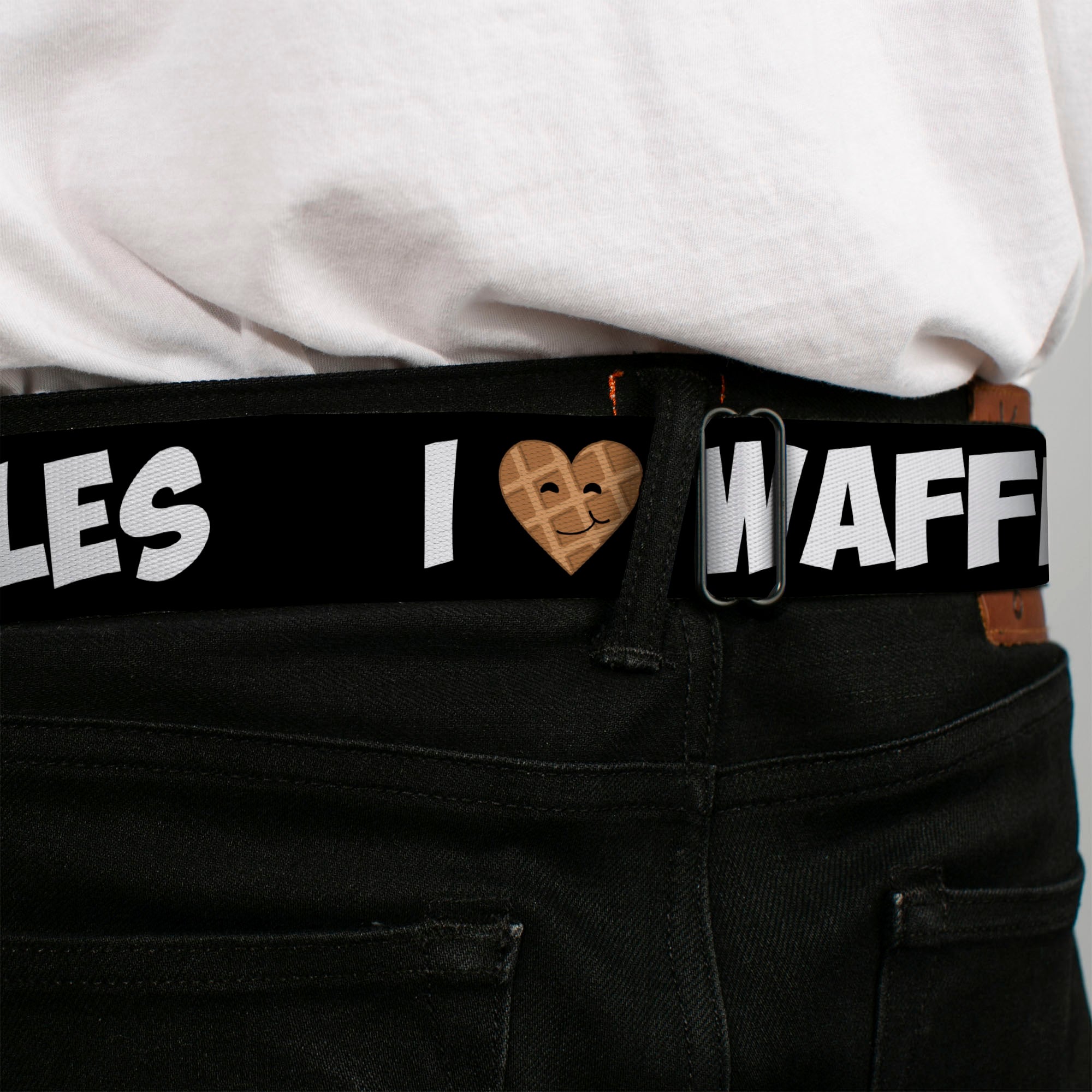 BD Wings Logo CLOSE-UP Full Color Black Silver Seatbelt Belt - I Heart Waffles Text Webbing Seatbelt Belts Buckle-Down