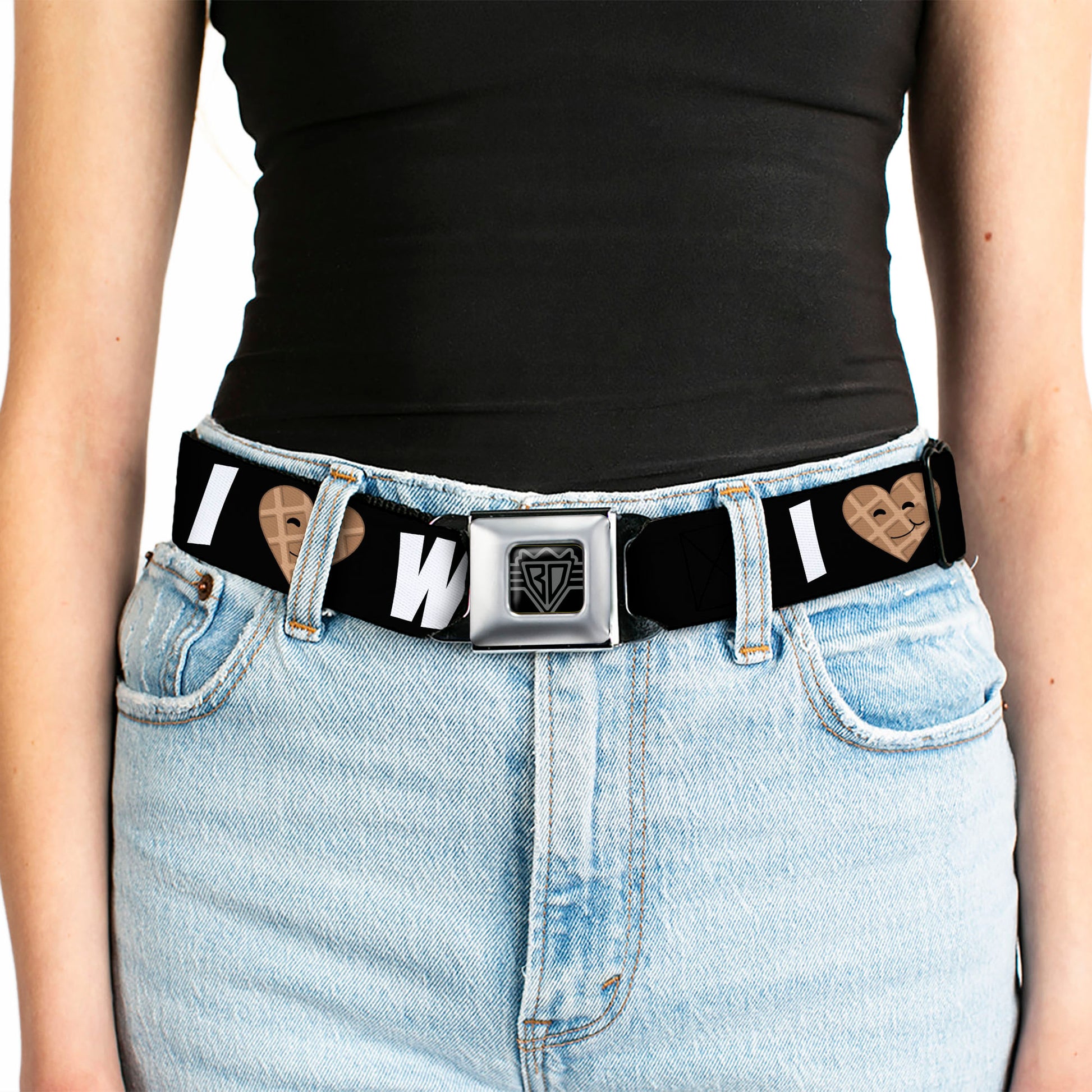 BD Wings Logo CLOSE-UP Full Color Black Silver Seatbelt Belt - I Heart Waffles Text Webbing Seatbelt Belts Buckle-Down