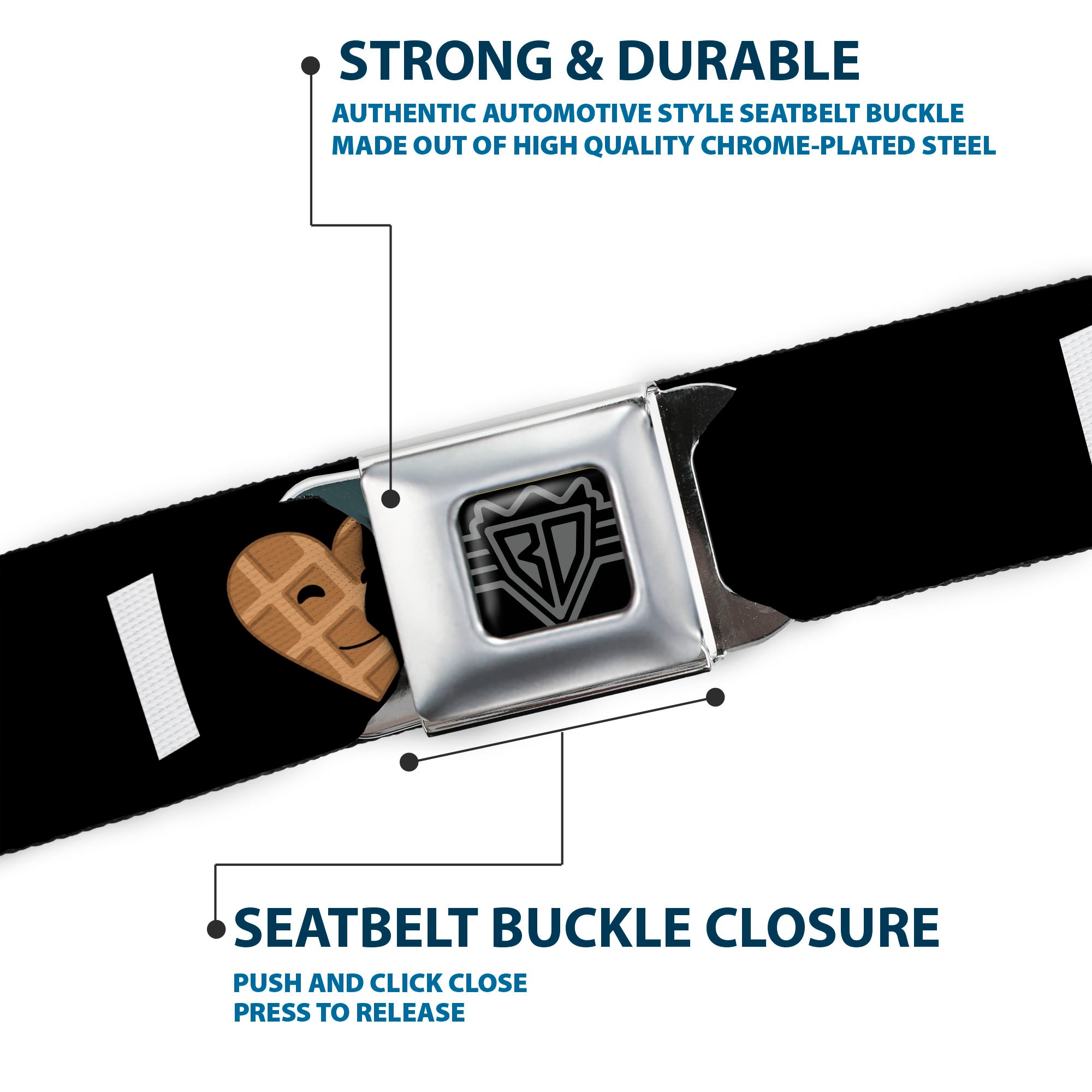 BD Wings Logo CLOSE-UP Full Color Black Silver Seatbelt Belt - I Heart Waffles Text Webbing Seatbelt Belts Buckle-Down