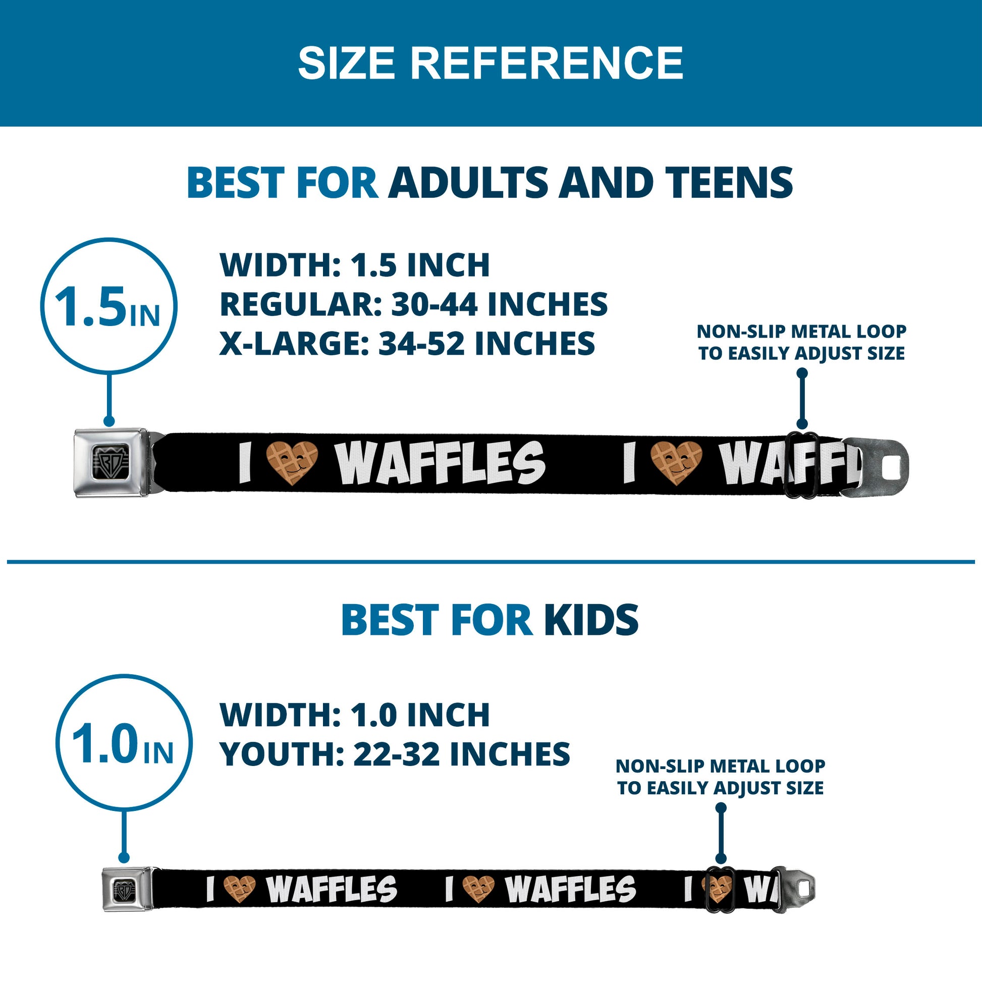 BD Wings Logo CLOSE-UP Full Color Black Silver Seatbelt Belt - I Heart Waffles Text Webbing Seatbelt Belts Buckle-Down