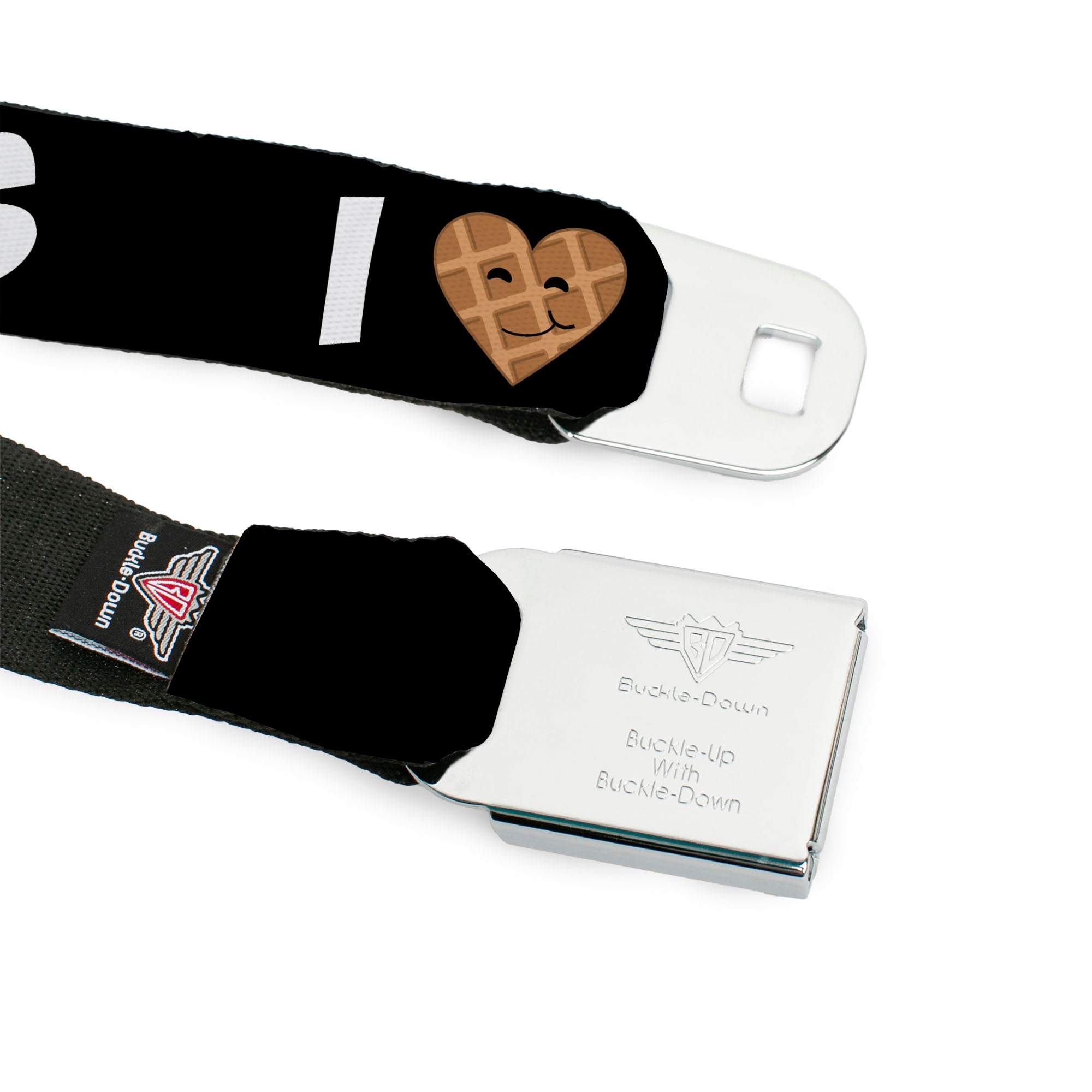 BD Wings Logo CLOSE-UP Full Color Black Silver Seatbelt Belt - I Heart Waffles Text Webbing Seatbelt Belts Buckle-Down