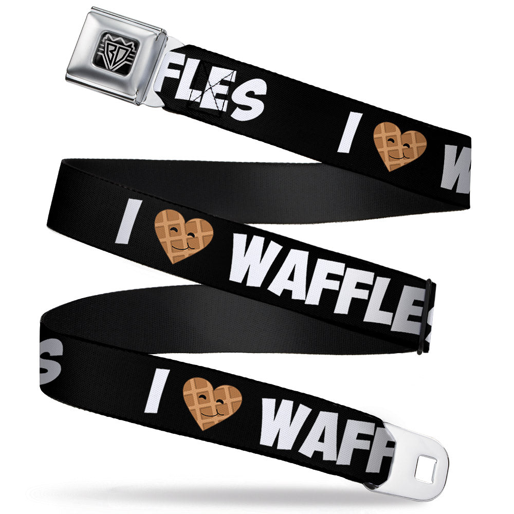 BD Wings Logo CLOSE-UP Full Color Black Silver Seatbelt Belt - I Heart Waffles Text Webbing Seatbelt Belts Buckle-Down