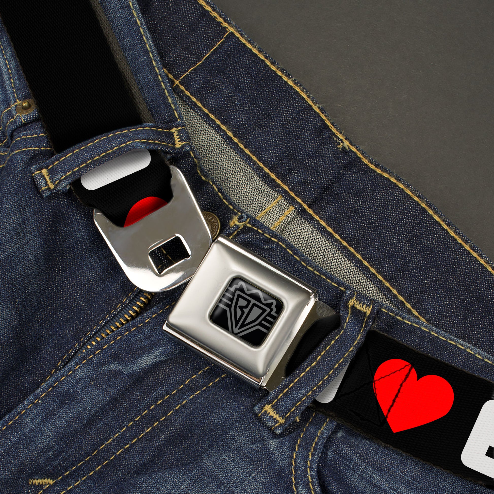 BD Wings Logo CLOSE-UP Full Color Black Silver Seatbelt Belt - I "HEART" BACON Text Black/White/Red Webbing Seatbelt Belts Buckle-Down