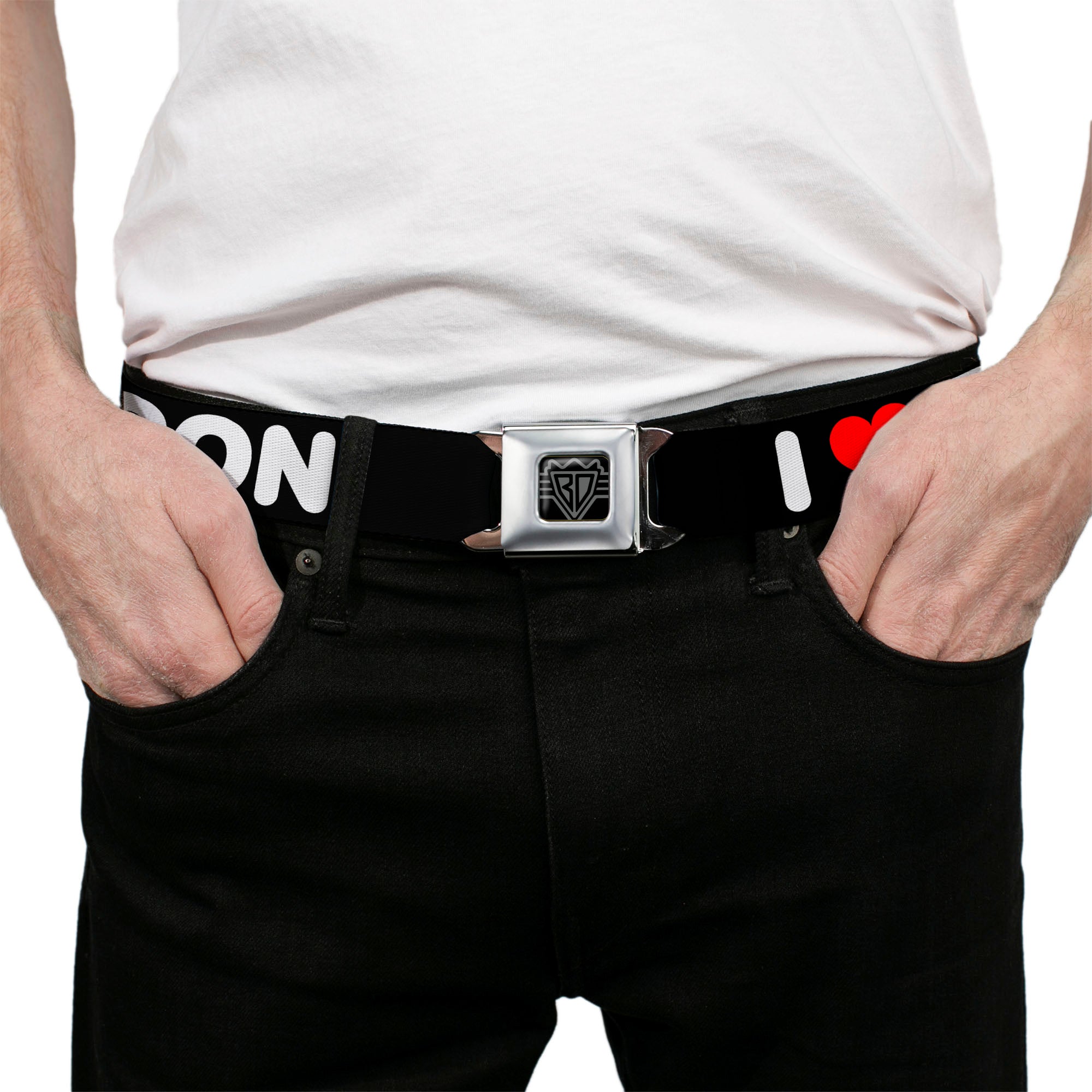 BD Wings Logo CLOSE-UP Full Color Black Silver Seatbelt Belt - I "HEART" BACON Text Black/White/Red Webbing Seatbelt Belts Buckle-Down