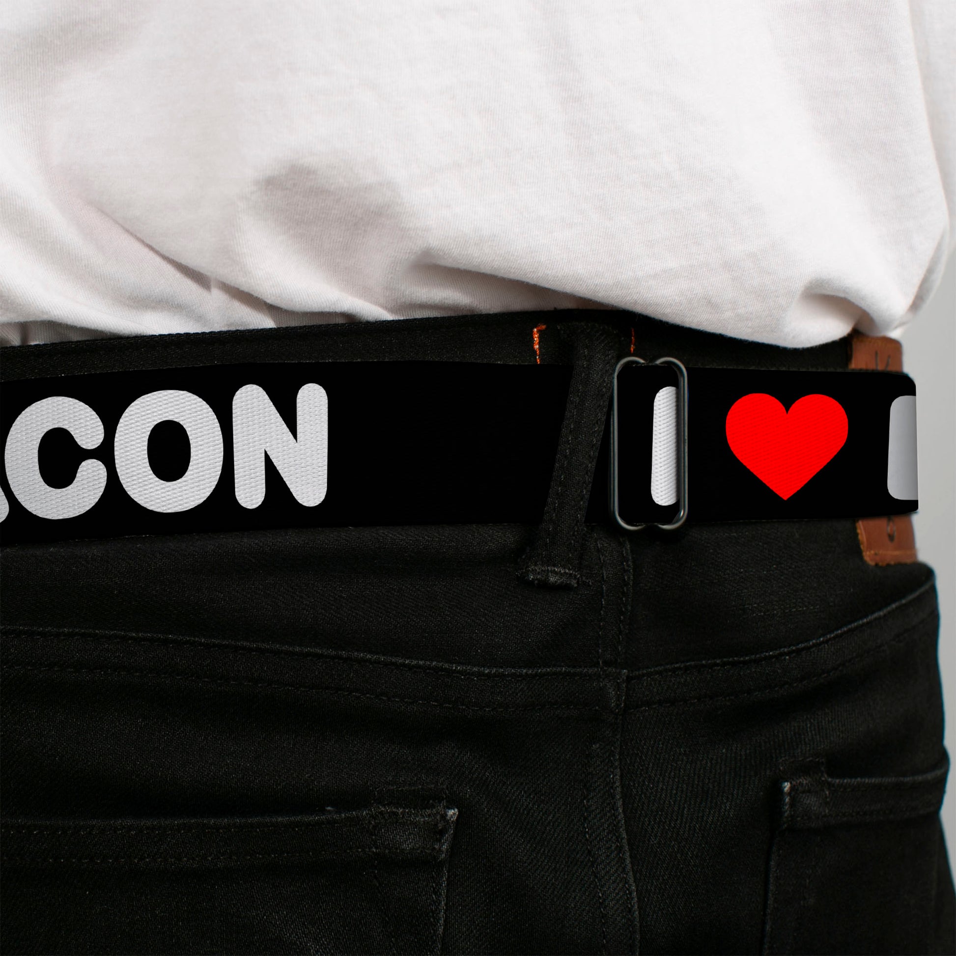 BD Wings Logo CLOSE-UP Full Color Black Silver Seatbelt Belt - I "HEART" BACON Text Black/White/Red Webbing Seatbelt Belts Buckle-Down