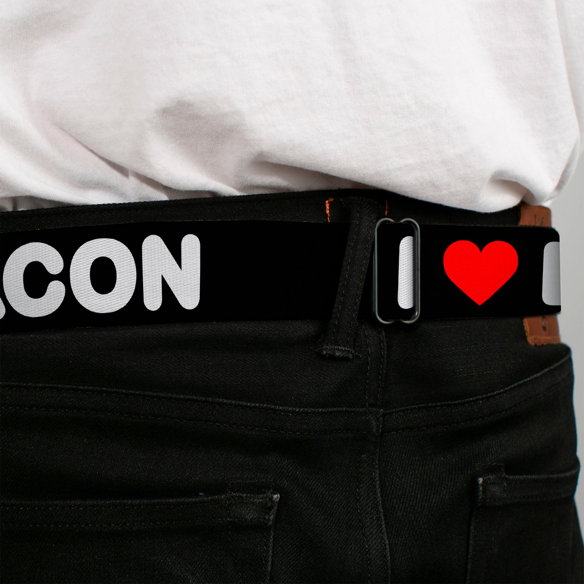 BD Wings Logo CLOSE-UP Full Color Black Silver Seatbelt Belt - I "HEART" BACON Text Black/White/Red Webbing Seatbelt Belts Buckle-Down
