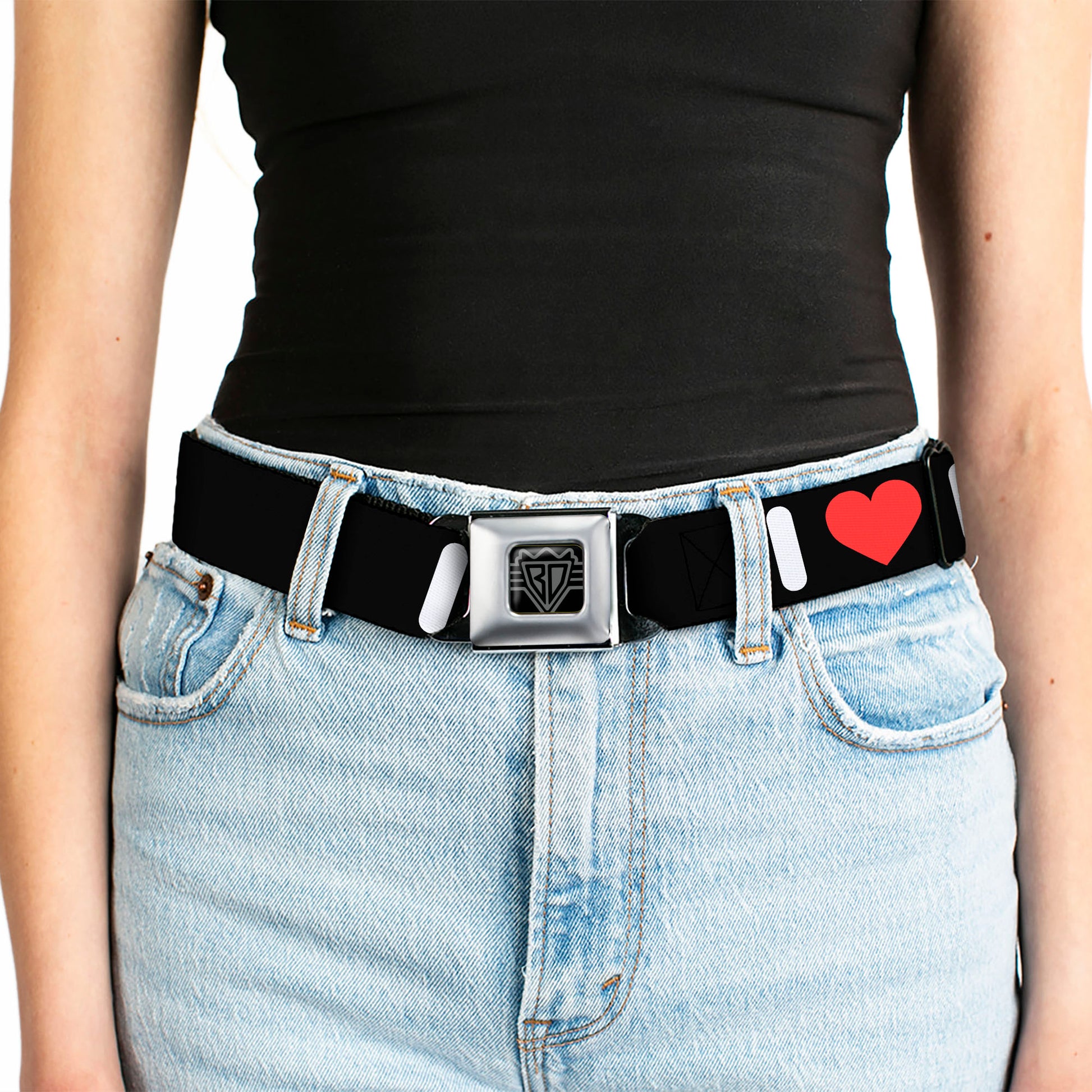 BD Wings Logo CLOSE-UP Full Color Black Silver Seatbelt Belt - I "HEART" BACON Text Black/White/Red Webbing Seatbelt Belts Buckle-Down