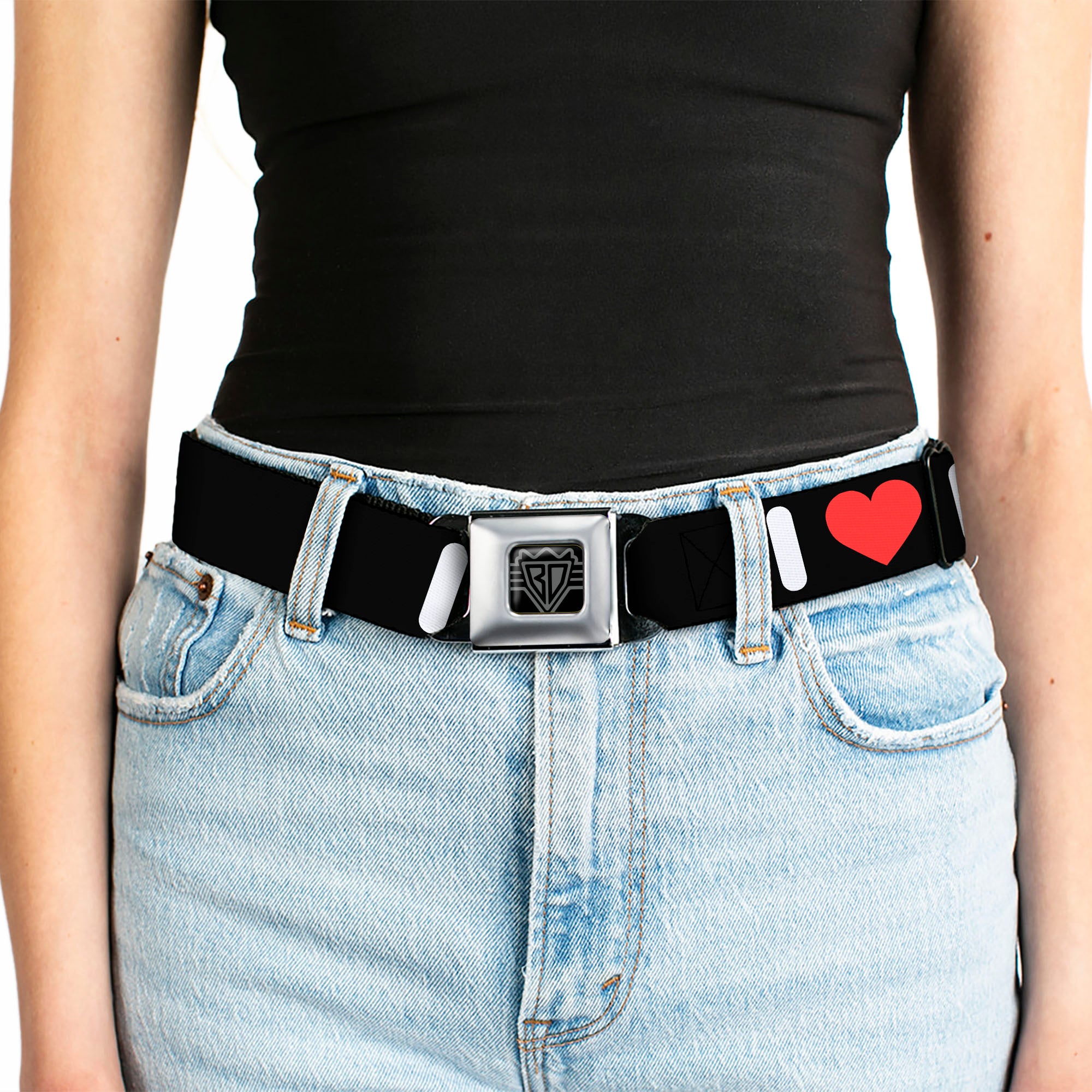 BD Wings Logo CLOSE-UP Full Color Black Silver Seatbelt Belt - I "HEART" BACON Text Black/White/Red Webbing Seatbelt Belts Buckle-Down