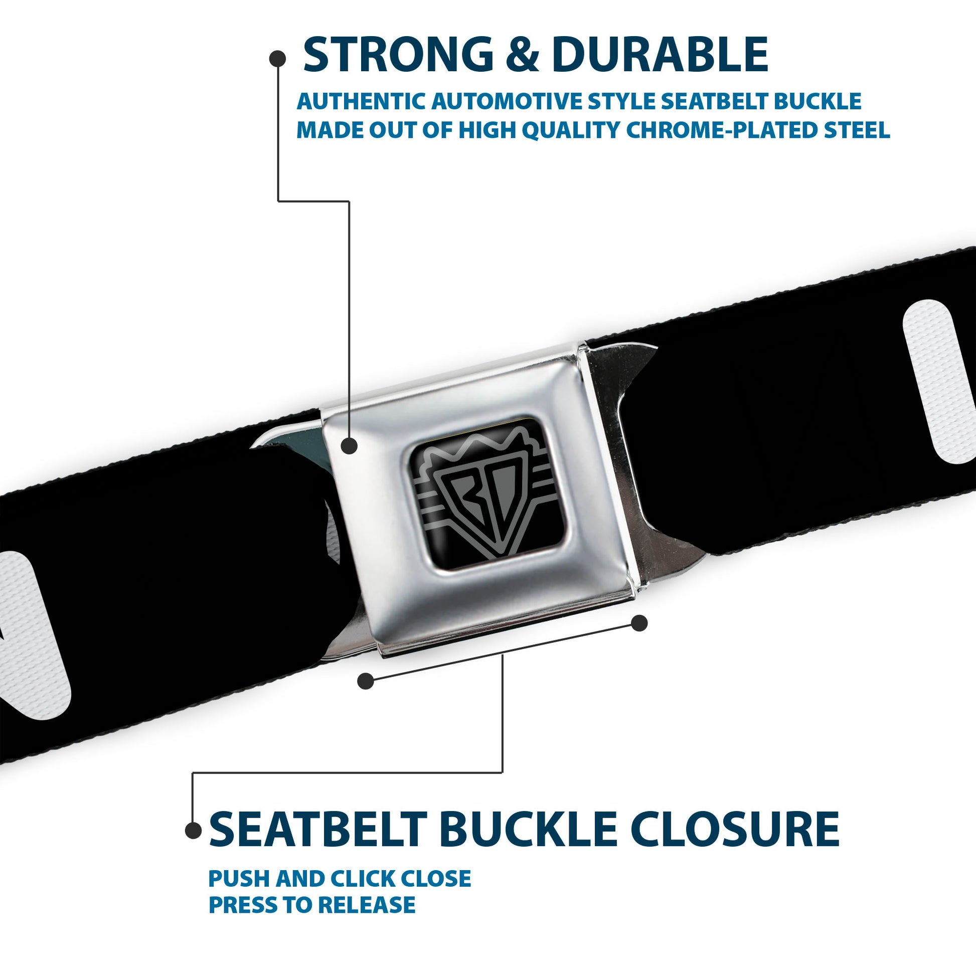 BD Wings Logo CLOSE-UP Full Color Black Silver Seatbelt Belt - I "HEART" BACON Text Black/White/Red Webbing Seatbelt Belts Buckle-Down