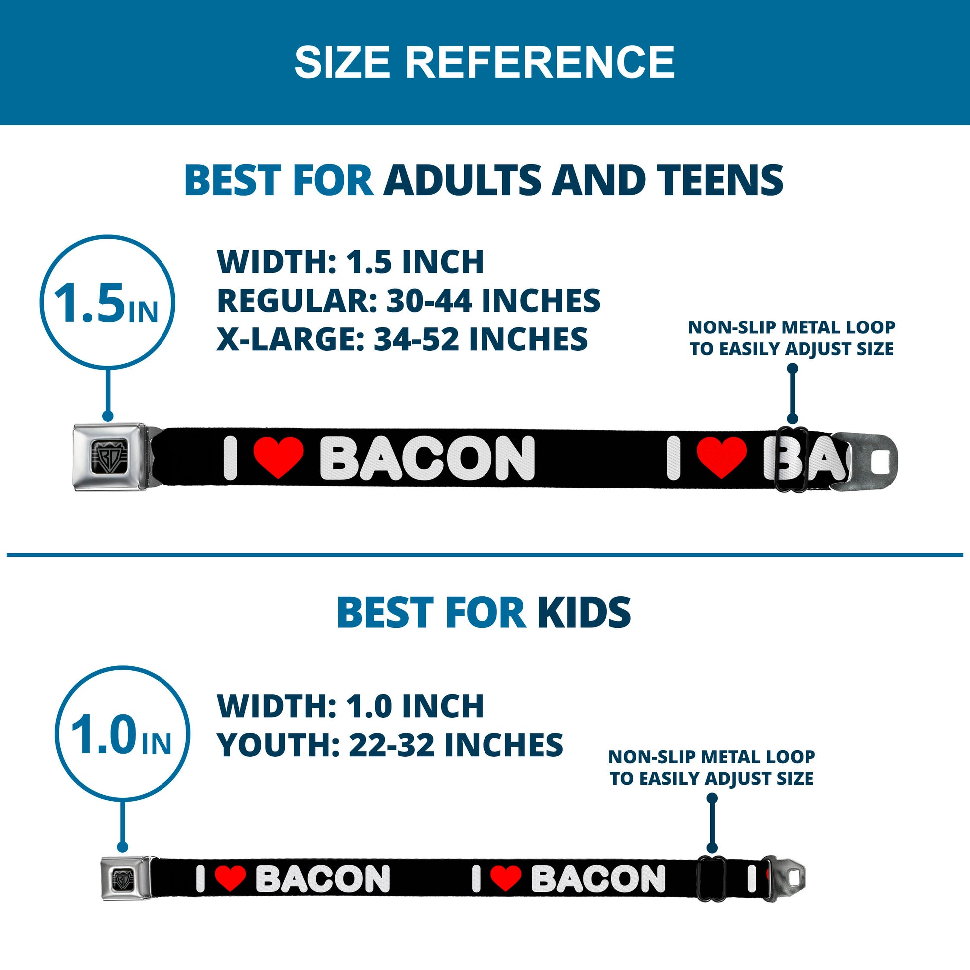 BD Wings Logo CLOSE-UP Full Color Black Silver Seatbelt Belt - I "HEART" BACON Text Black/White/Red Webbing Seatbelt Belts Buckle-Down