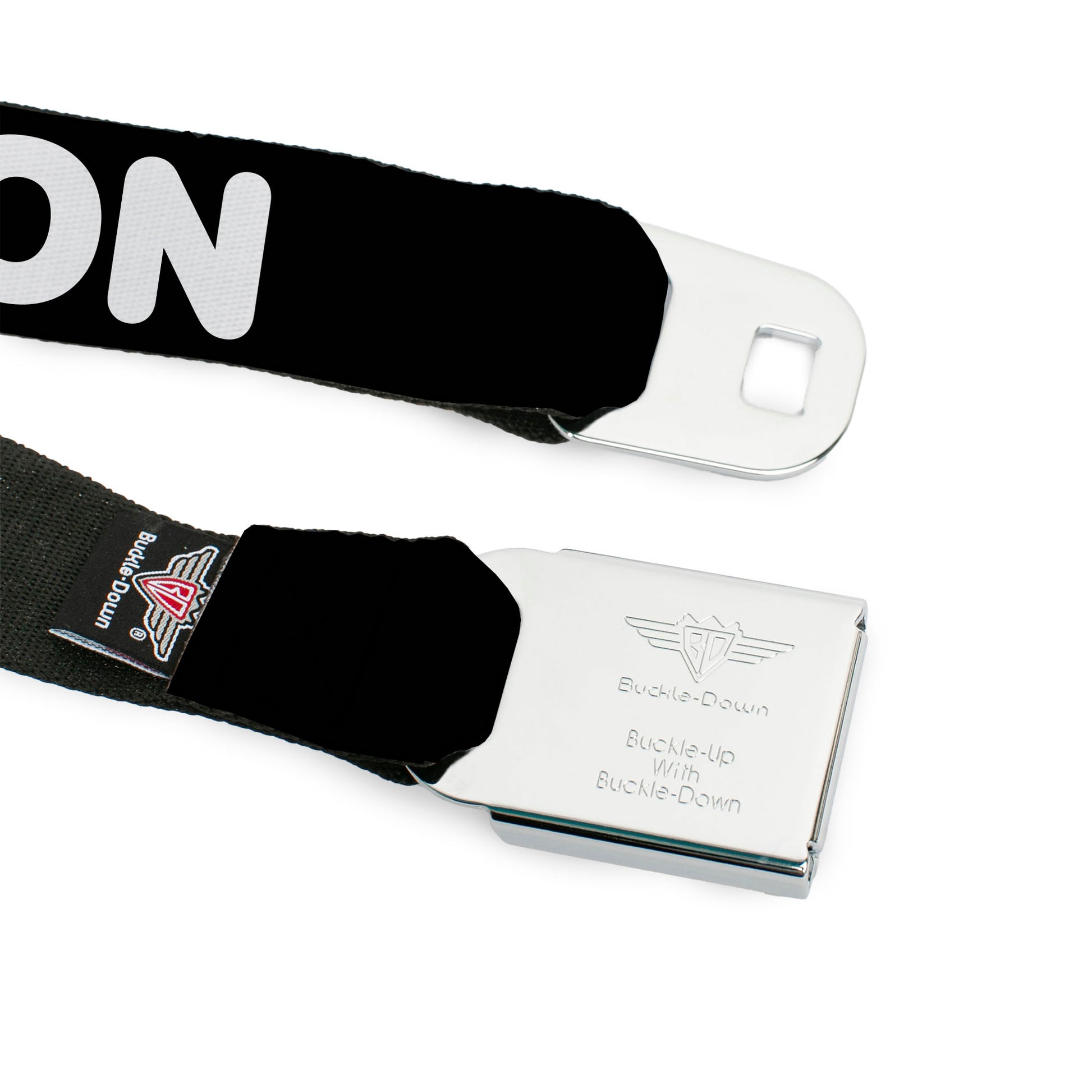 BD Wings Logo CLOSE-UP Full Color Black Silver Seatbelt Belt - I "HEART" BACON Text Black/White/Red Webbing Seatbelt Belts Buckle-Down