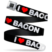 BD Wings Logo CLOSE-UP Full Color Black Silver Seatbelt Belt - I "HEART" BACON Text Black/White/Red Webbing Seatbelt Belts Buckle-Down