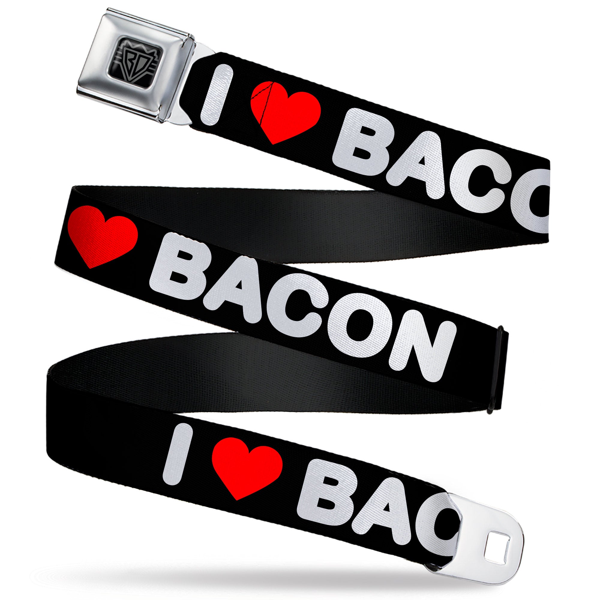 BD Wings Logo CLOSE-UP Full Color Black Silver Seatbelt Belt - I "HEART" BACON Text Black/White/Red Webbing Seatbelt Belts Buckle-Down